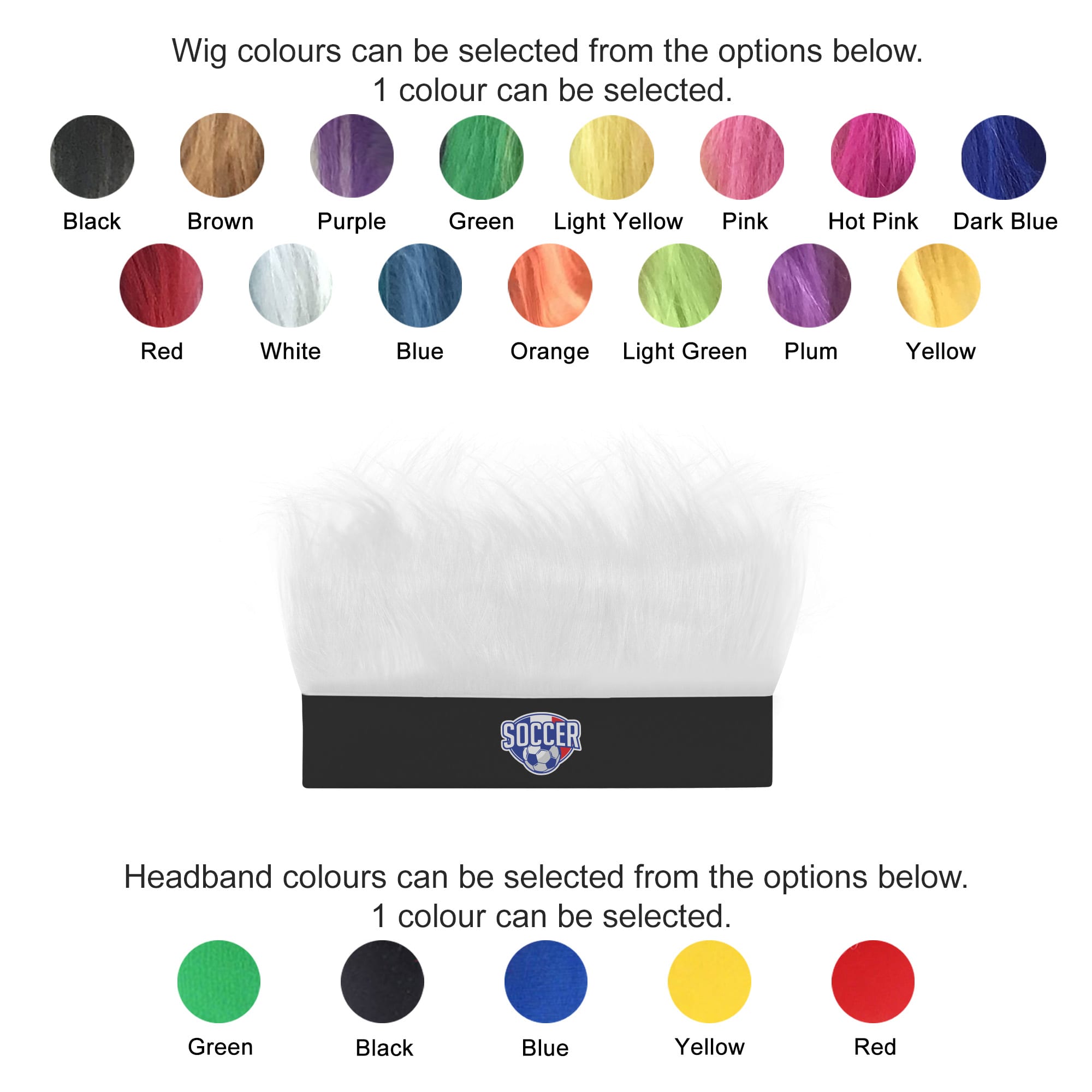 A selection of colours for a Solid Headband Wig and matching headbands in various shades including black, green, and red.
