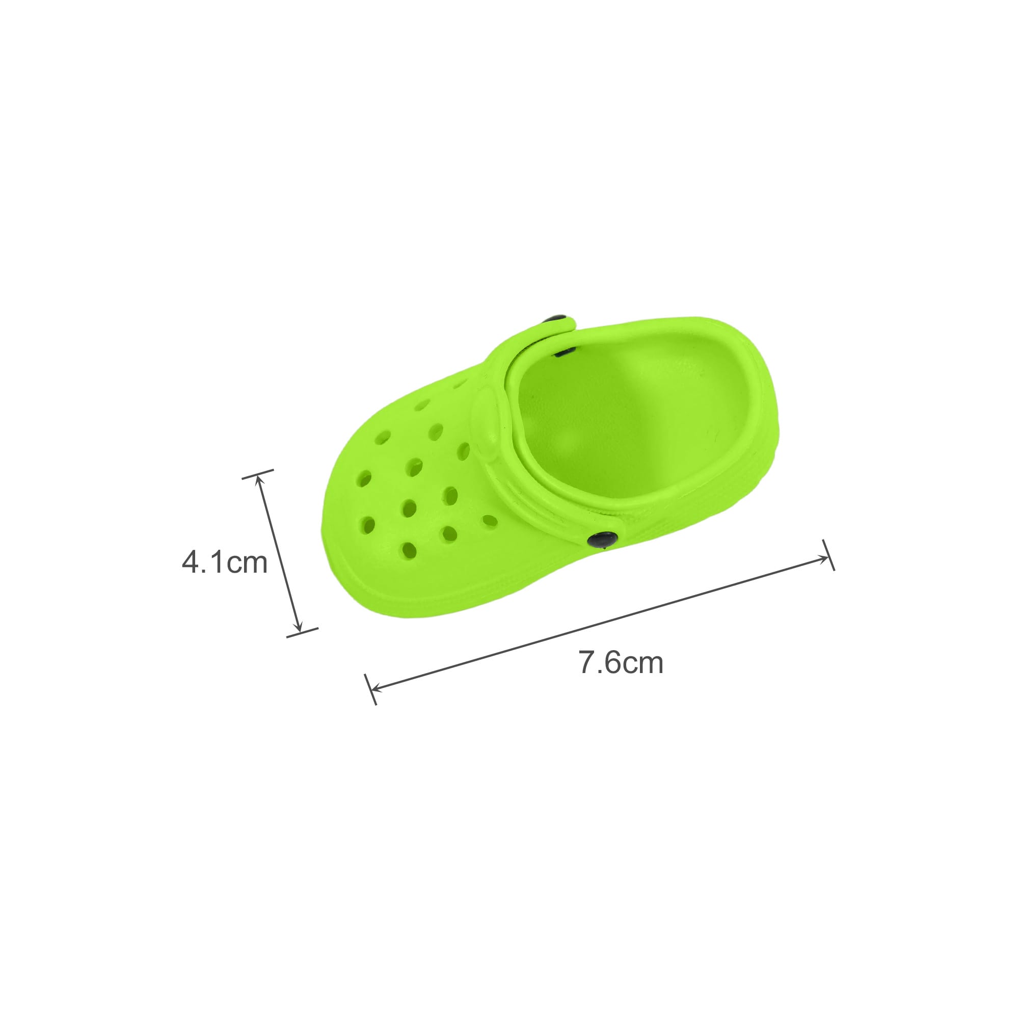 A bright green clog shoe-shaped charm with ventilation holes, measuring 4.1 cm in height and 7.6 cm in length.