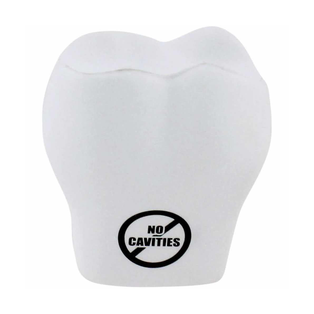 A white tooth-shaped stress reliever with a logo on its base, designed for fun and stress relief.
