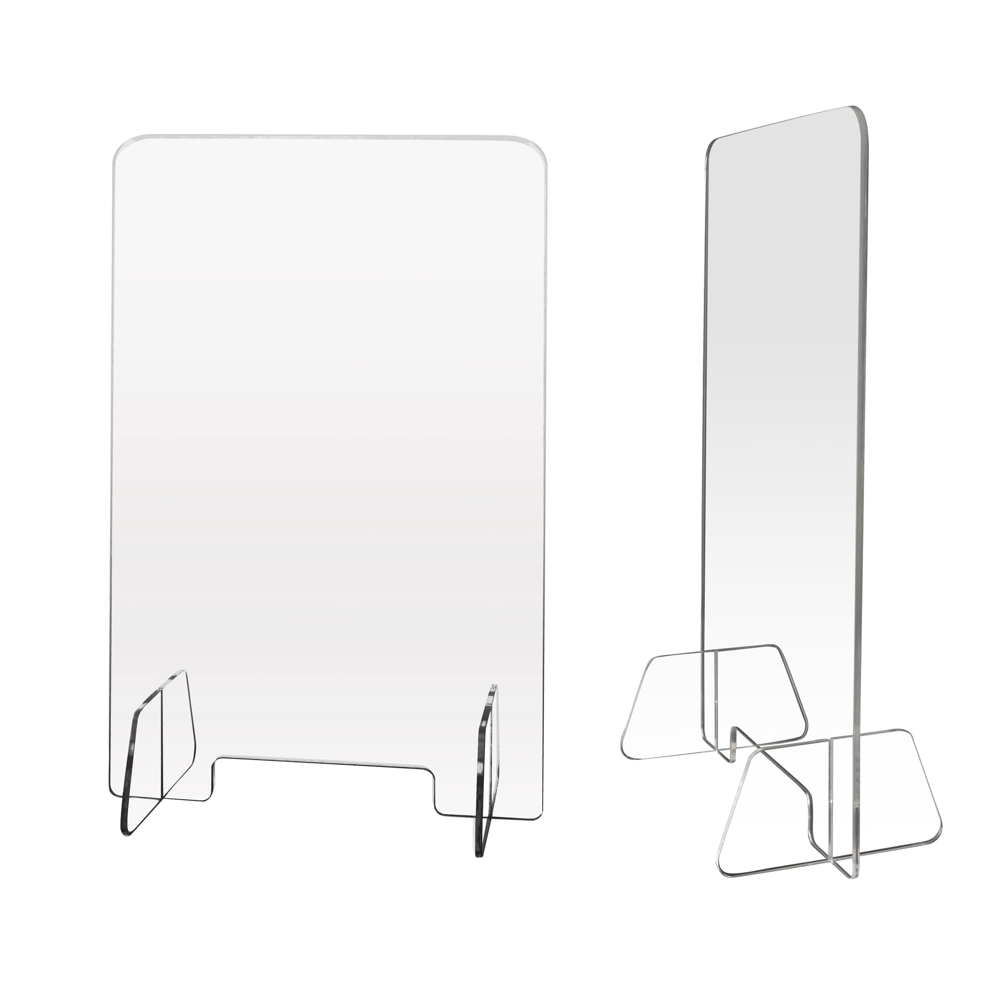 A transparent personal protection screen with a clear design and two supporting stands, suitable for events.