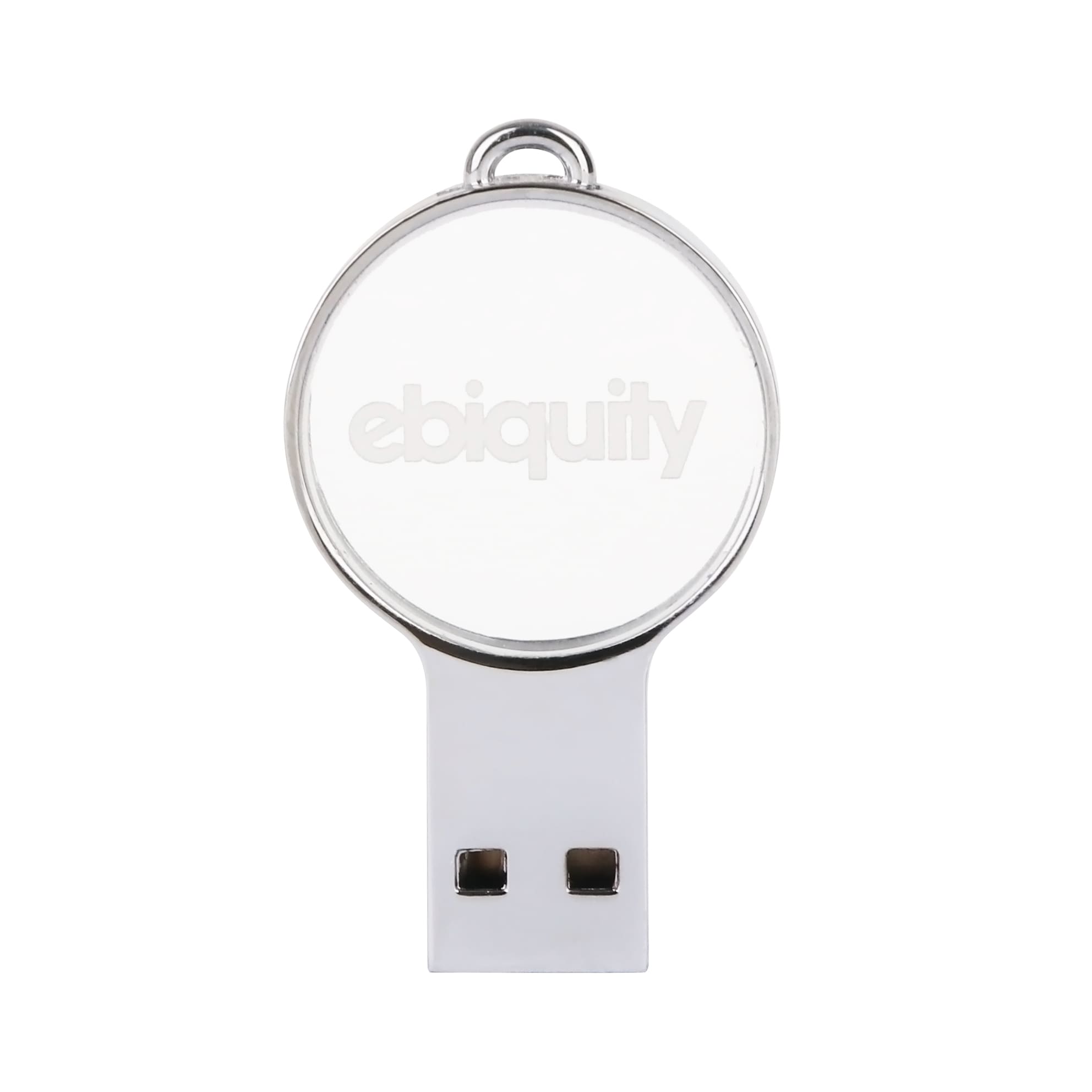 A mini round crystal flash drive in silver and white, featuring a logo on the crystal surface.