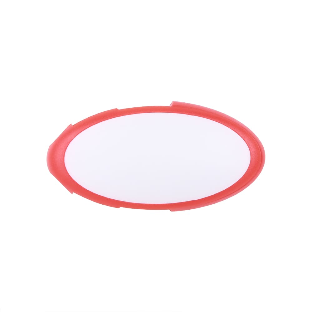 An oval swivel flash drive in red with a white surface, featuring a logo.