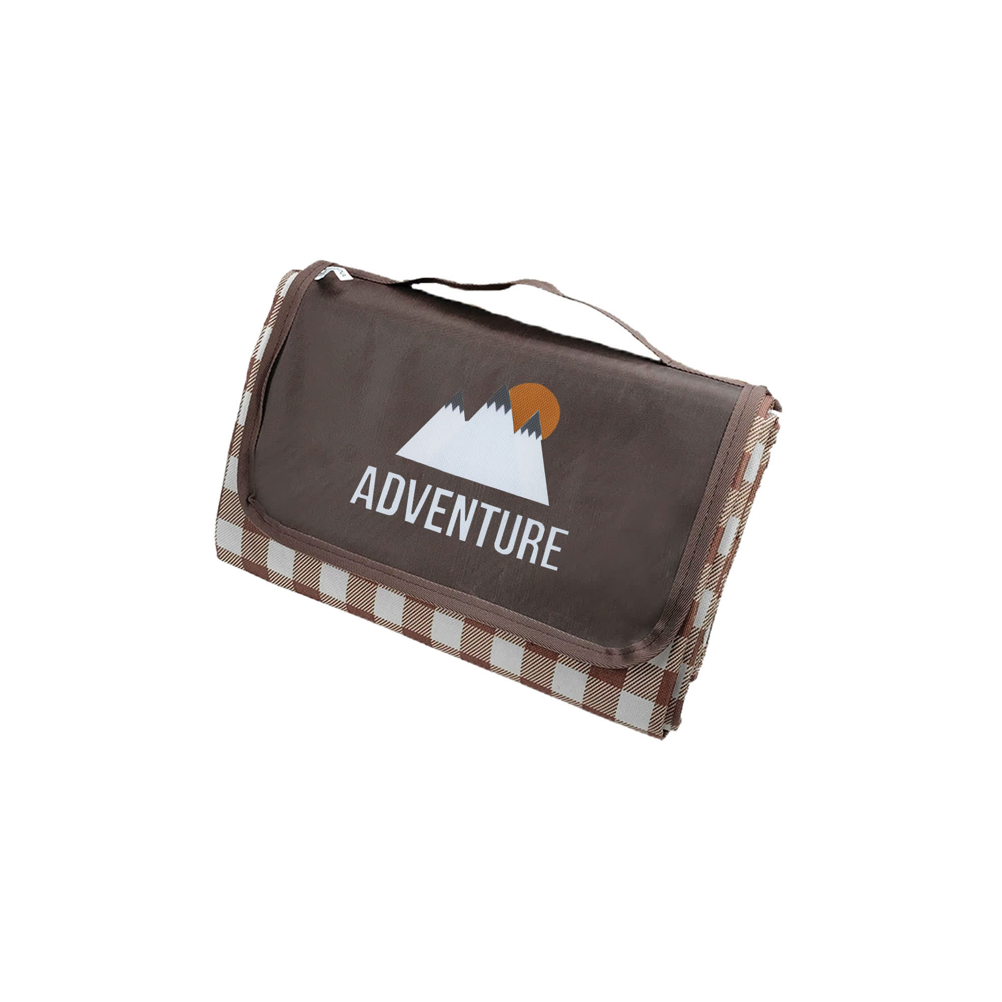 A medium picnic blanket in brown with a digital print featuring mountains and checkered edges. Includes a carry handle and logo.