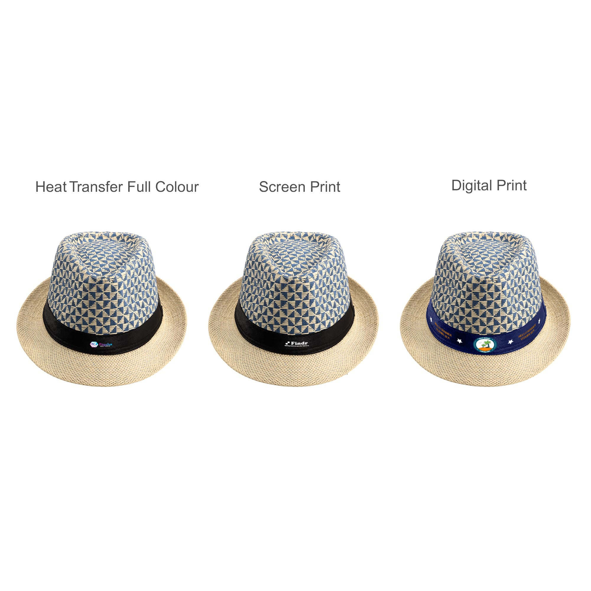 A straw woven top hat with a light blue patterned crown and a dark band, available in three print styles.