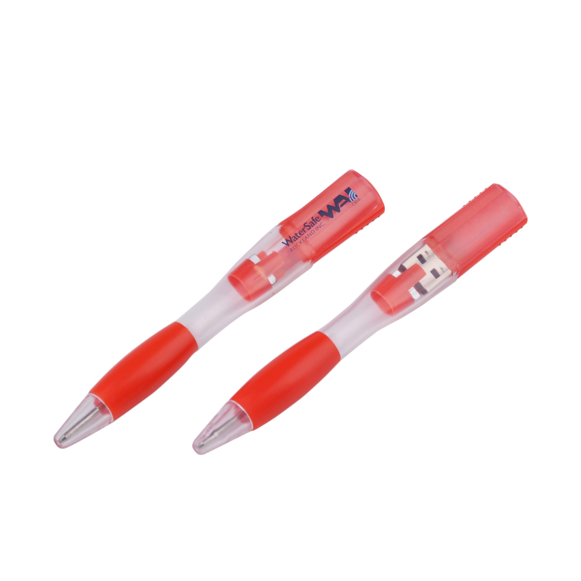 A red ballpoint pen with a transparent body that conceals a flash drive inside. The pen has a branding logo on it.