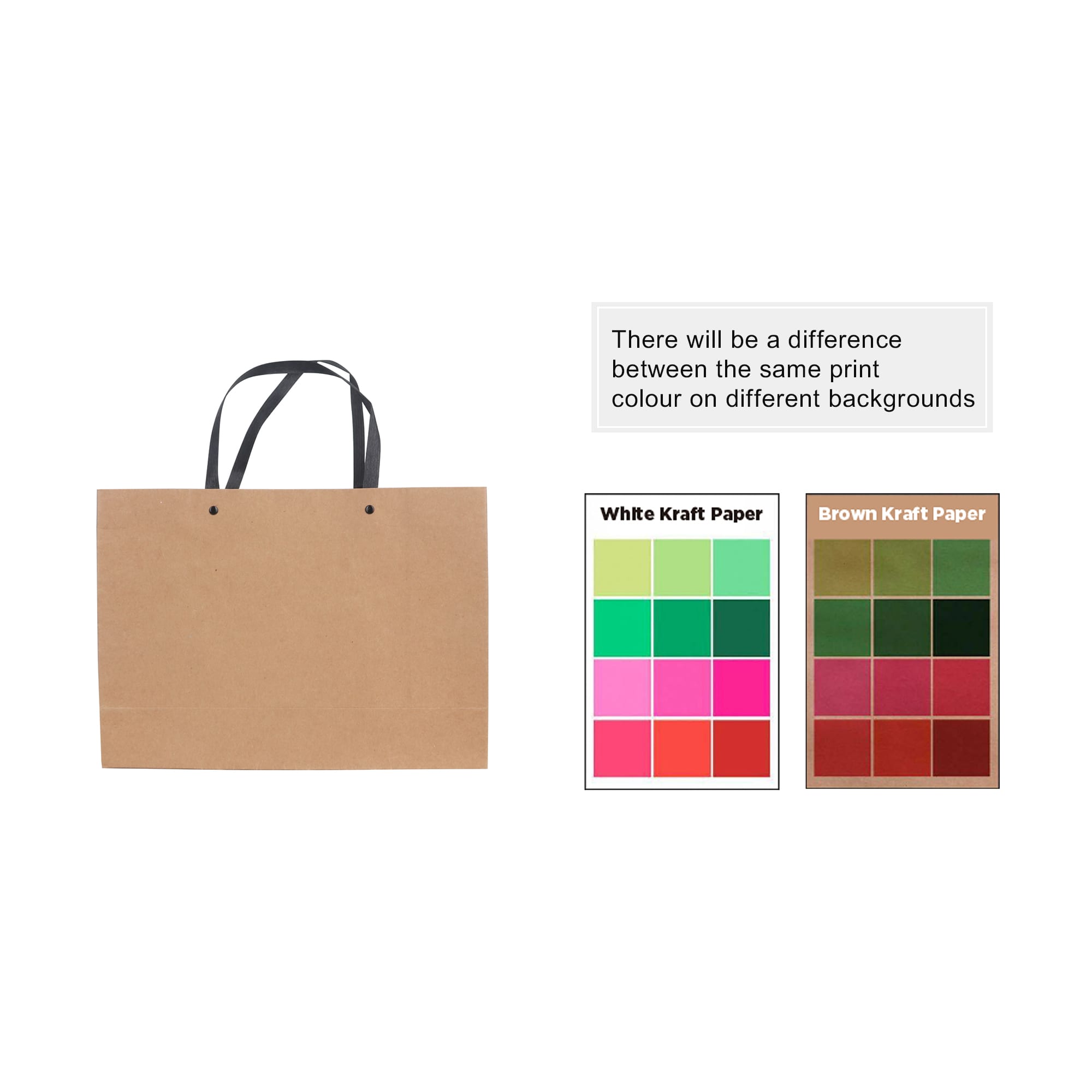 A large brown paper bag with knitted black handles, featuring a logo. Various colour swatches are displayed beside it.