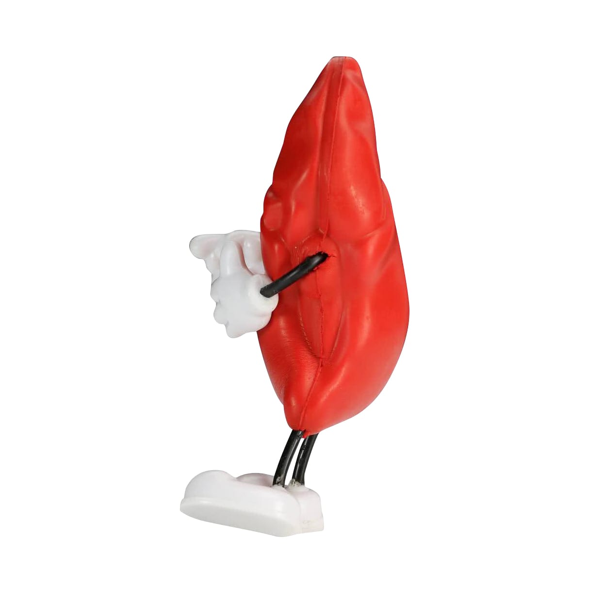 A red liver-shaped stress reliever with a white hand and leg for playful stress relief. Features a logo.