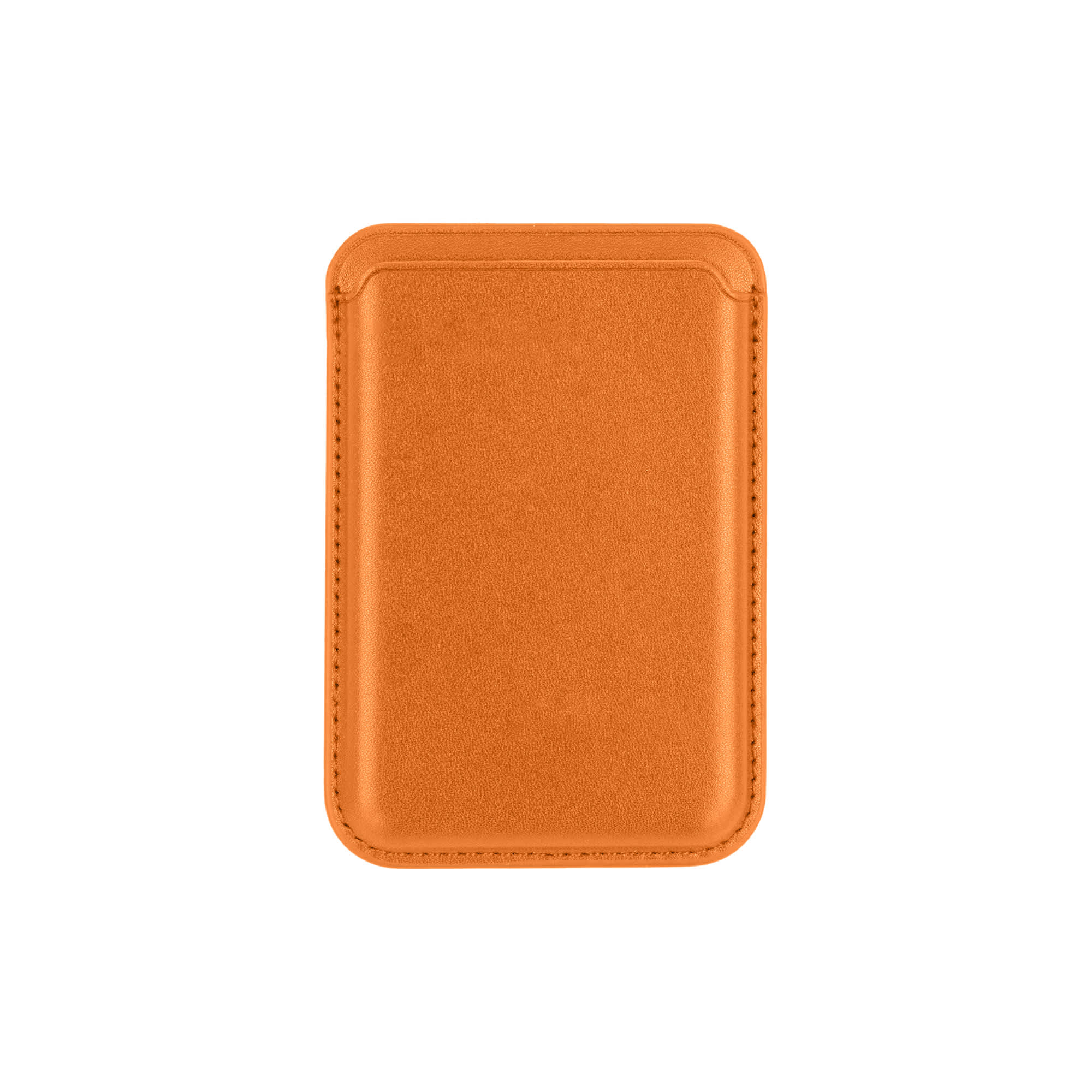 An orange PU magnetic phone card holder with a smooth finish and a stitched border. It features a logo.