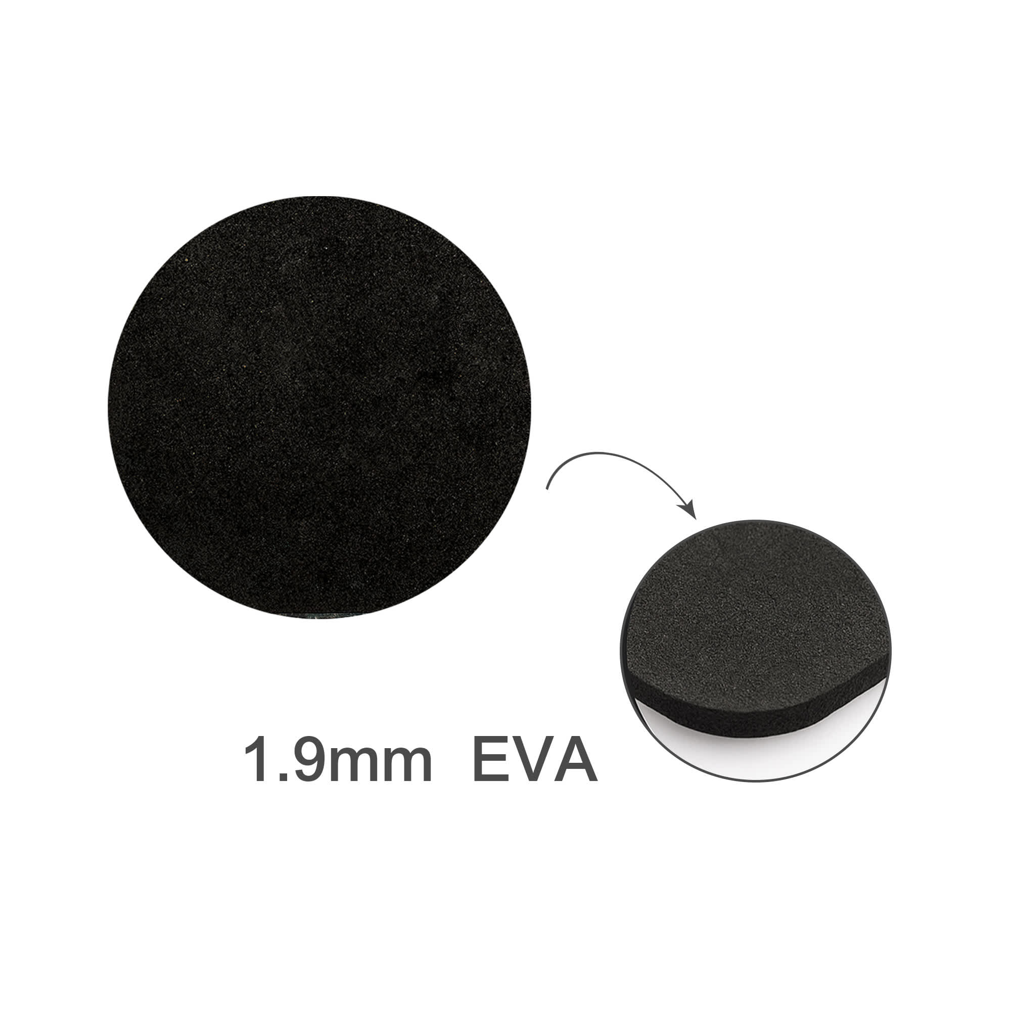 A round black frosted metal coaster, showing a smooth surface, with a slightly raised edge and an EVA backing.