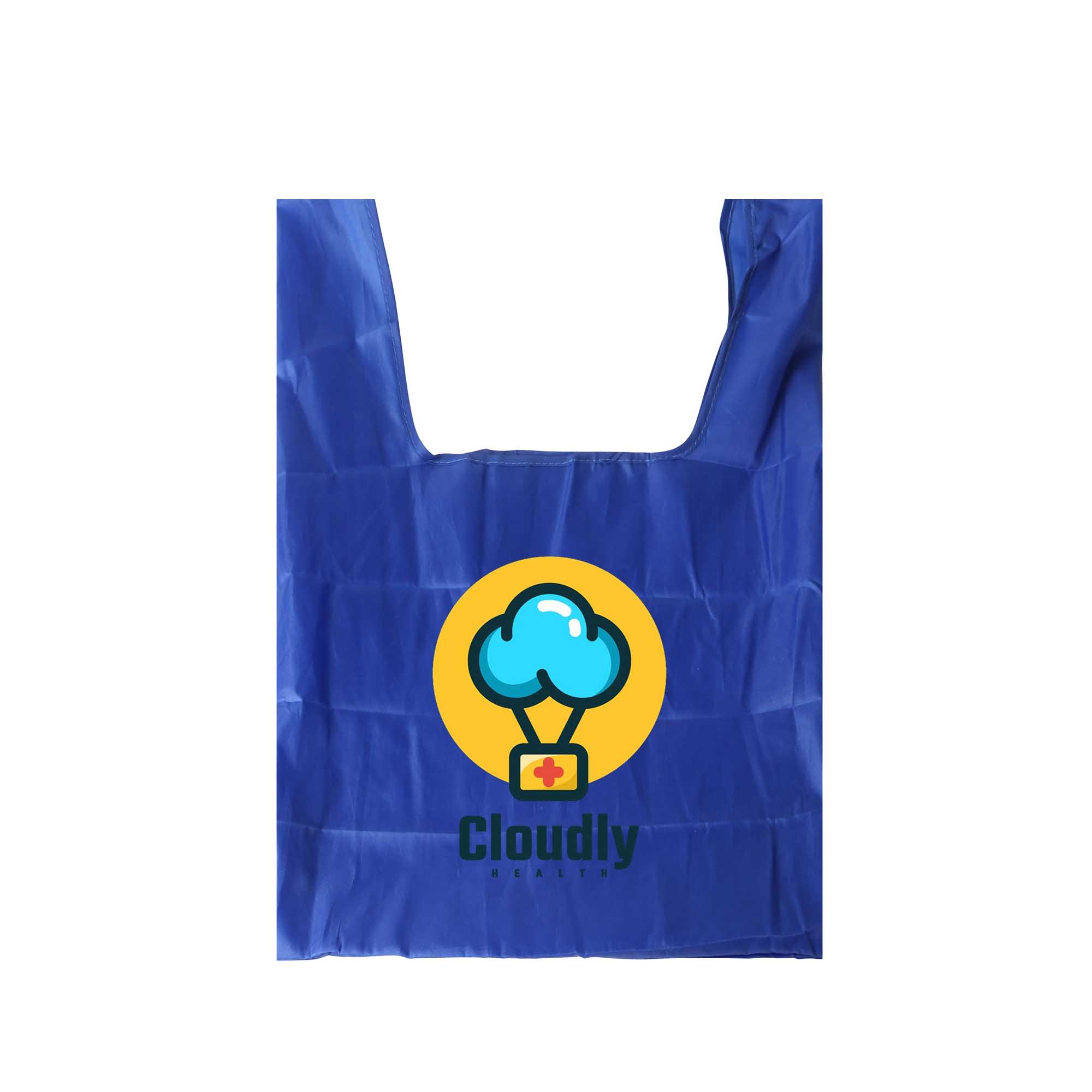 A blue reusable foldaway shopping bag featuring a logo with a cloud and a balloon design.