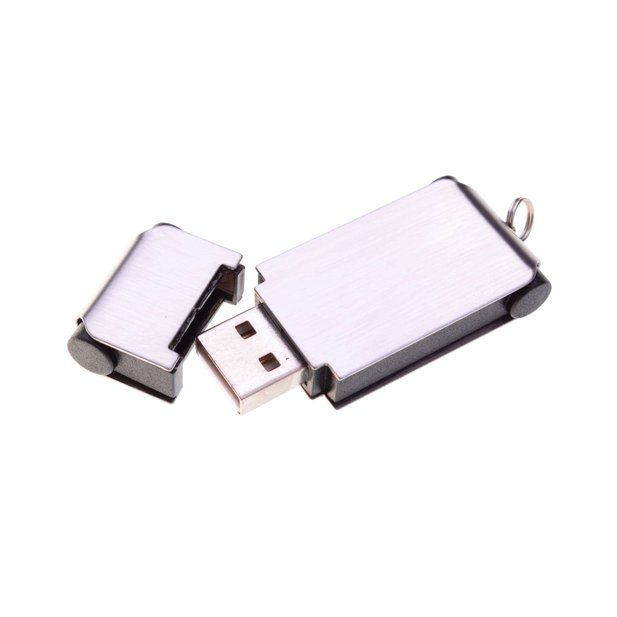 A silver and black flash drive with a removable cap and an attached keyring.