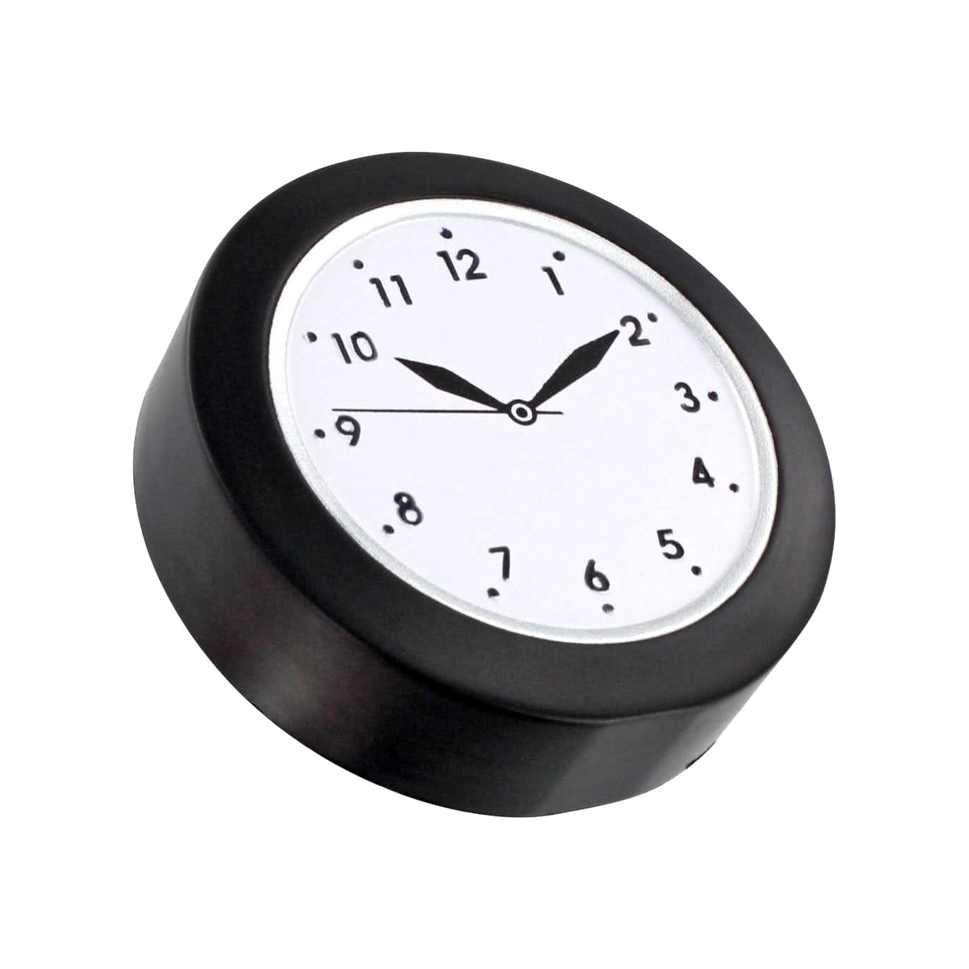 A black clock-shaped stress reliever with a white face and black numbers, featuring clock hands.