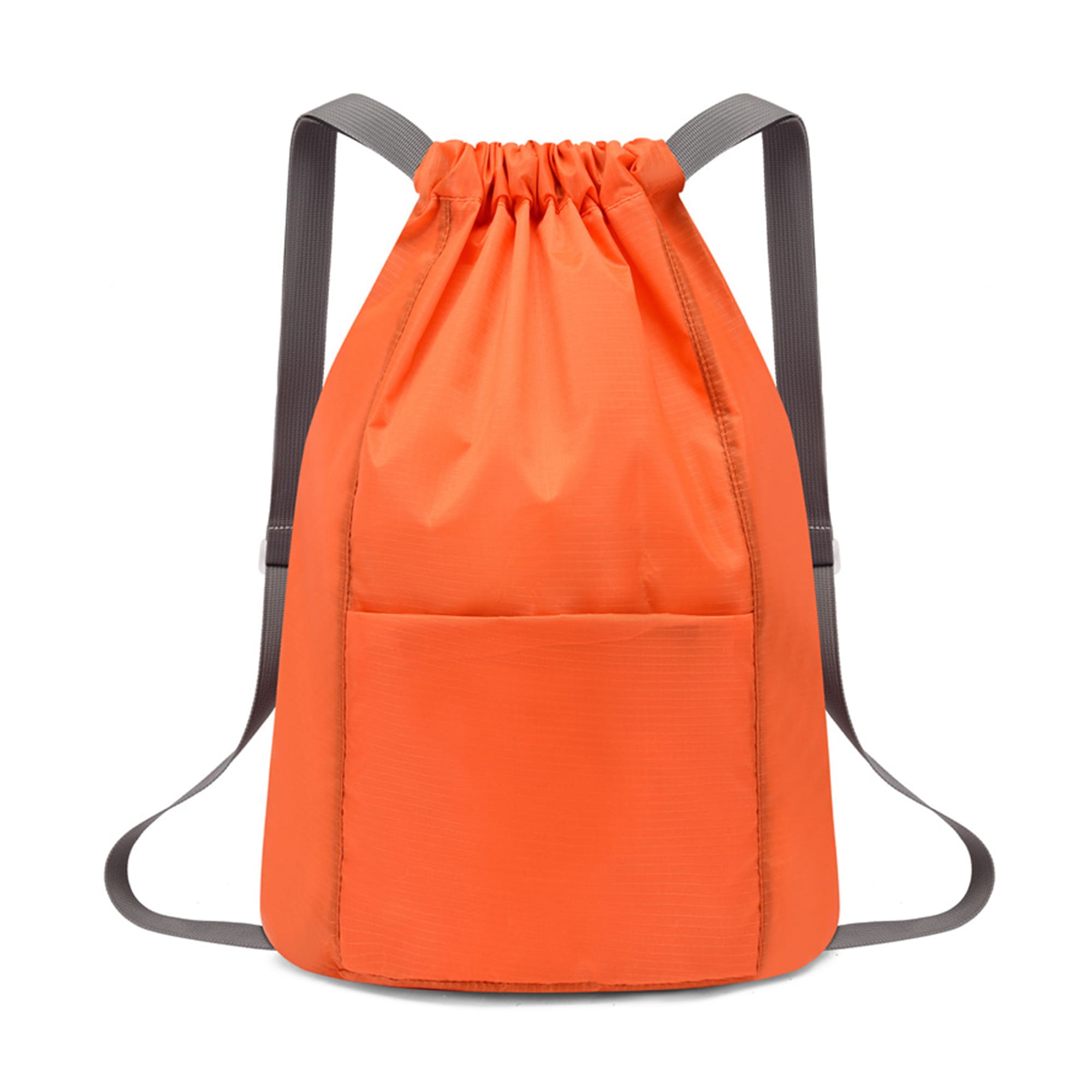An orange drawstring backpack features adjustable straps and a front pocket. It includes a logo on the side.