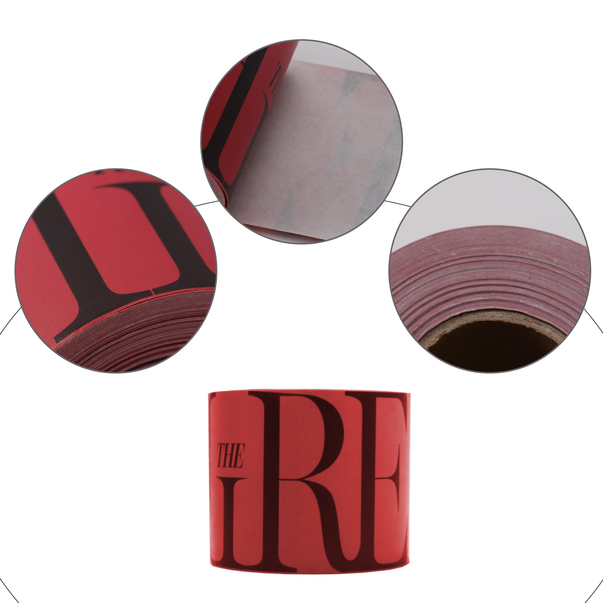 A roll of water activated gummed kraft paper tape in red, featuring a black logo design.