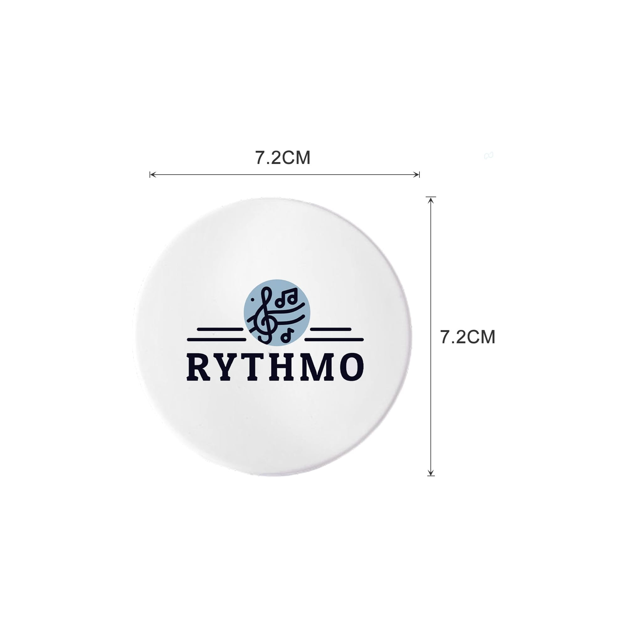 A round mirror featuring a logo with musical notes, in white, measuring 7.2 cm in diameter.