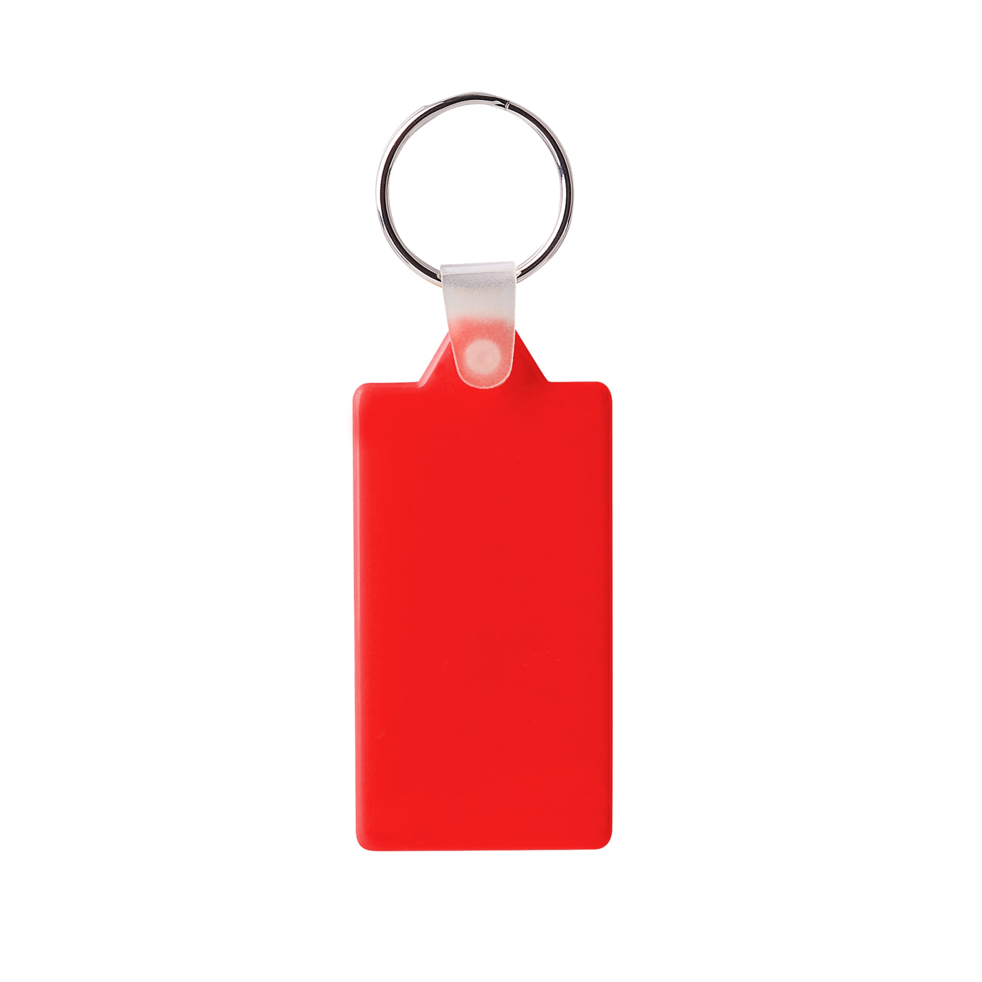 A red rectangular hard plastic keyring with a silver metal keyring attachment. It features a logo on one side.