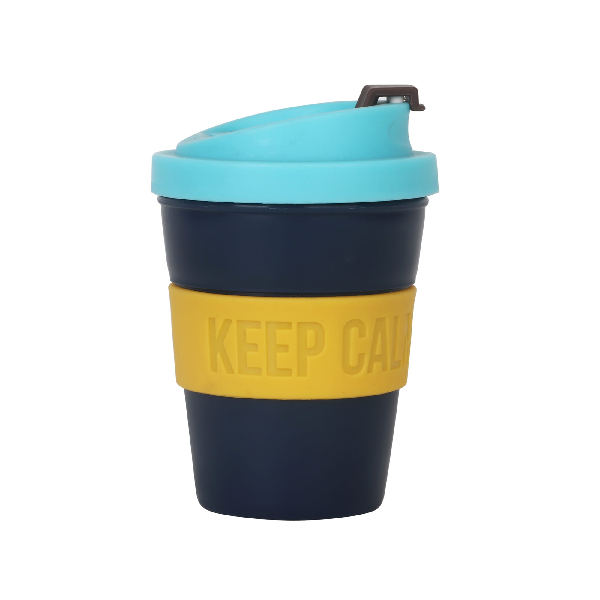 A glossy 250ml coffee cup in navy blue with a turquoise lid and a yellow silicone band. Features a logo.