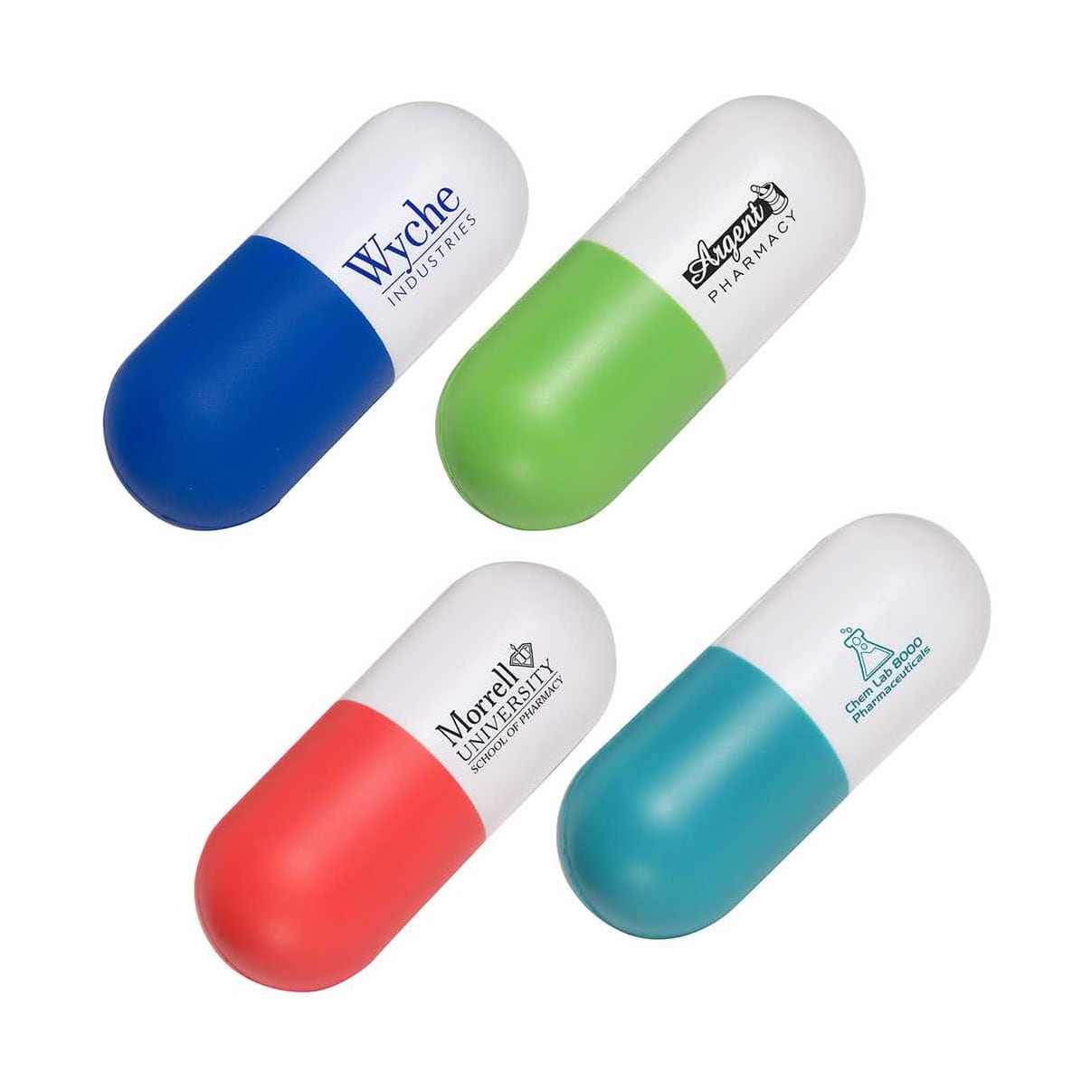 A capsule-shaped stress reliever in blue, green, red, and teal, featuring various logos on each side.