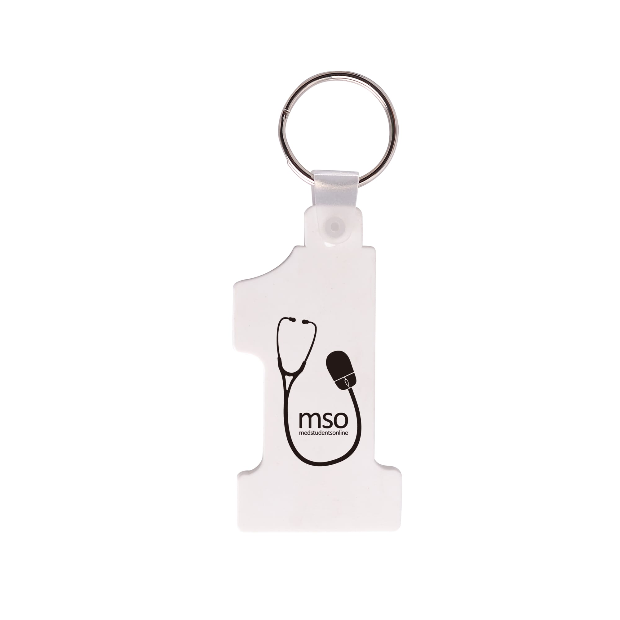 A white keyring shaped like the number one, featuring a logo and a silver keyring attachment.