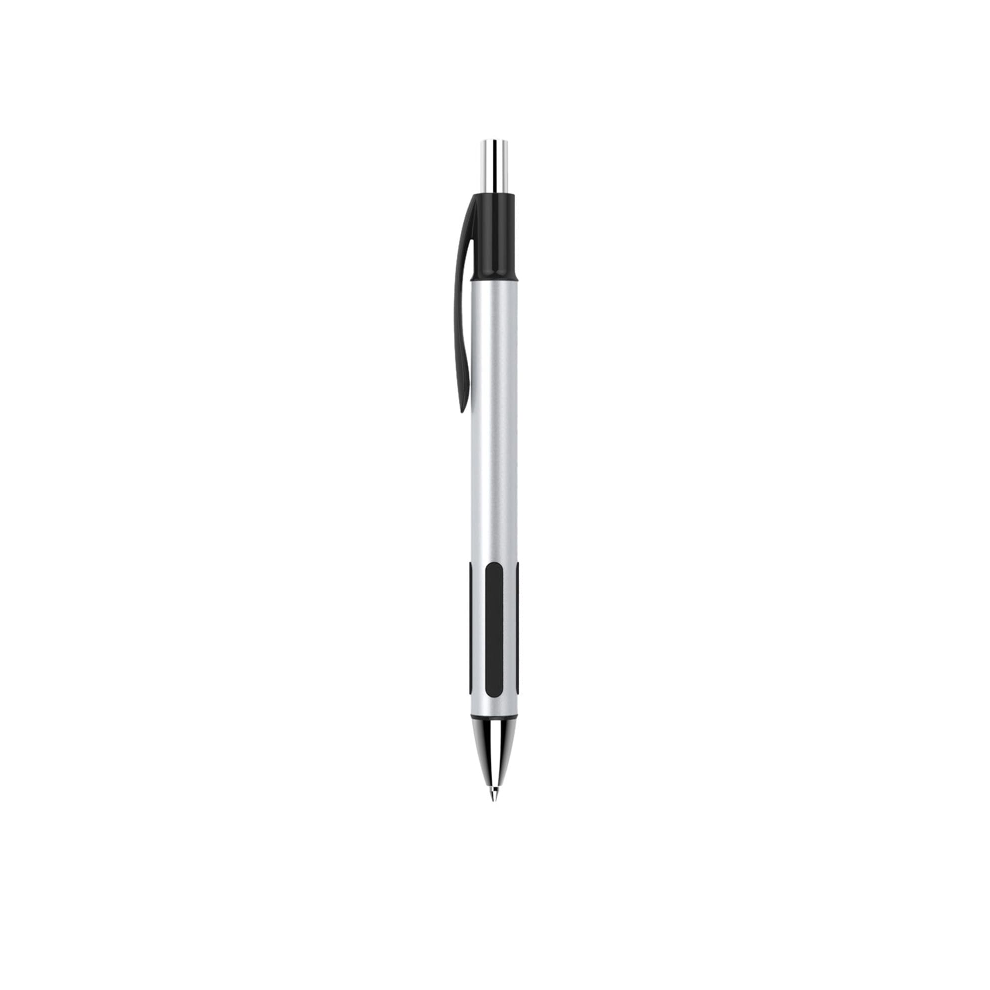 A silver plastic pen with a black grip and clip. The pen features a sleek, modern design and has a logo.