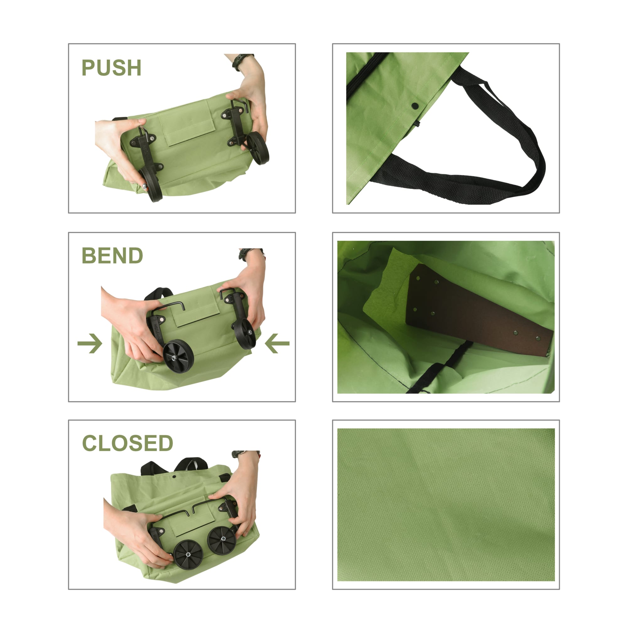 A green collapsible shopping trolley bag with wheels, showcasing its folding mechanism and interior.