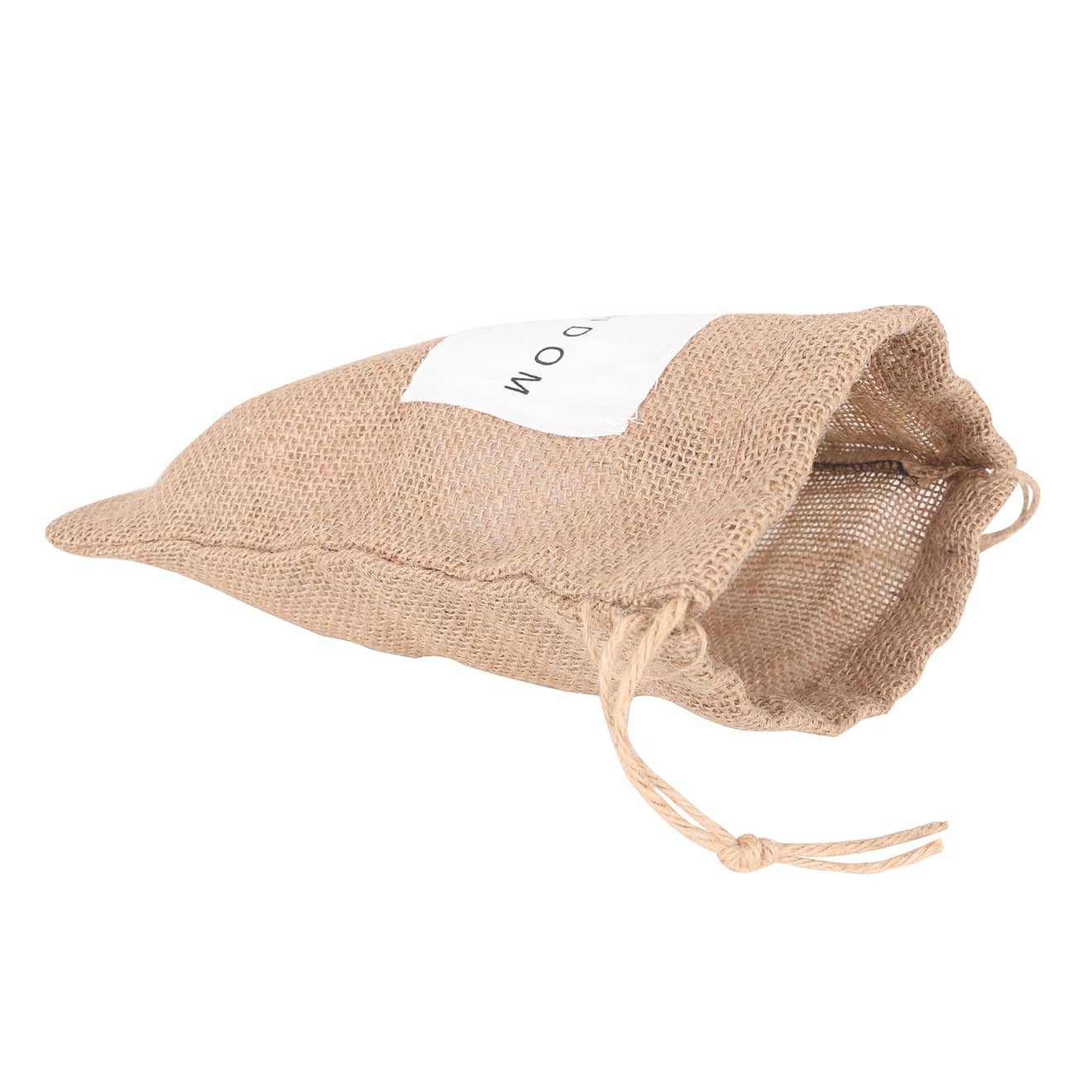 A jute net produce bag in a natural burlap colour with a drawstring closure and a visible logo.
