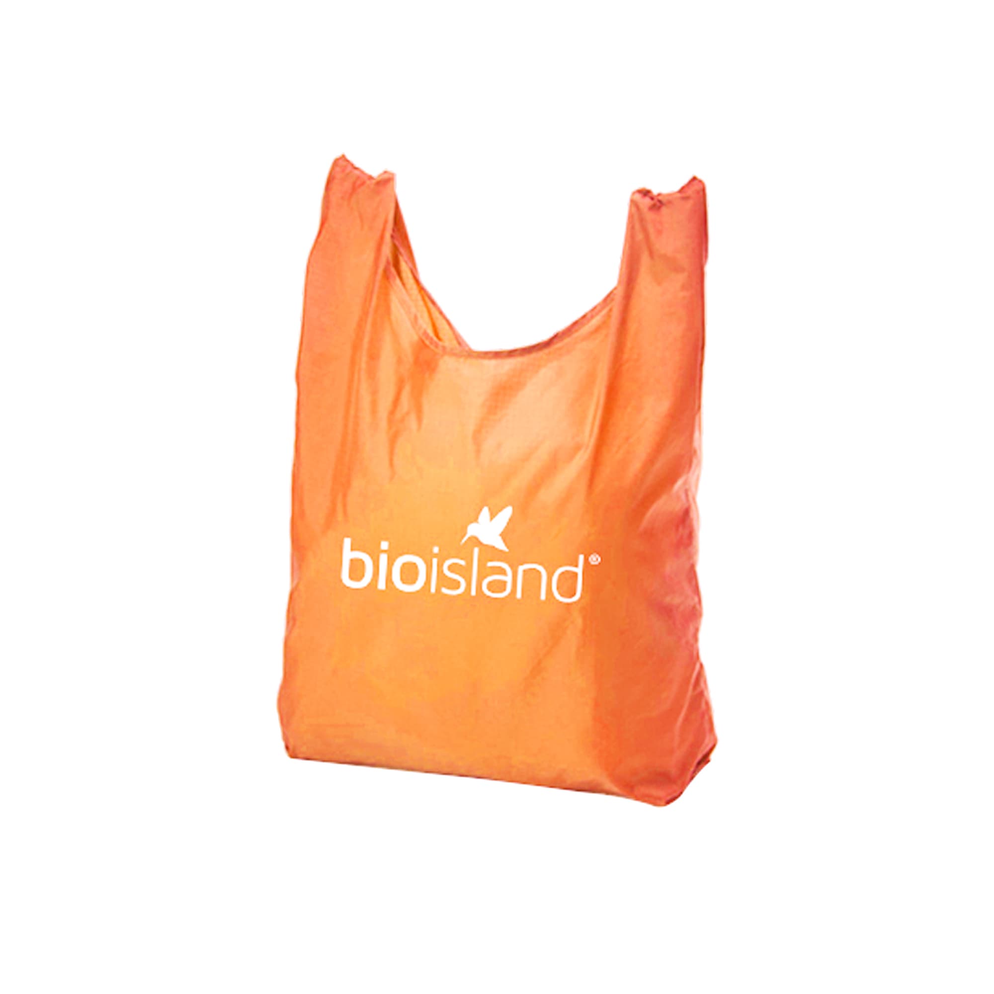 An orange foldaway shopping tote bag with a logo. The bag features shoulder straps and a lightweight design.