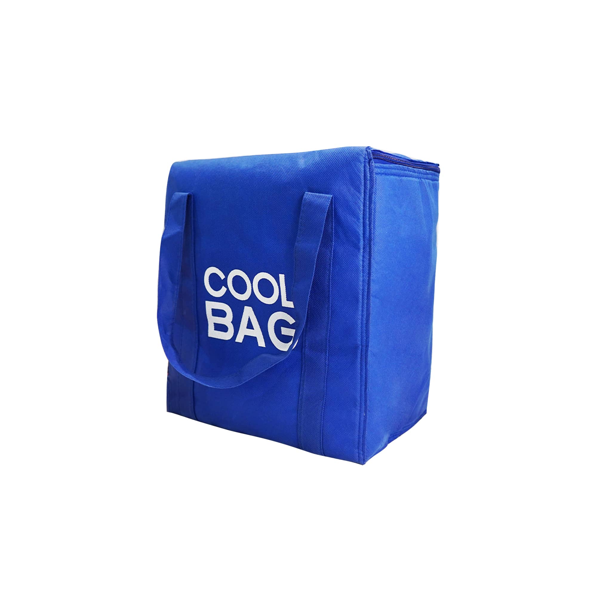 A blue non-woven cooler bag with sturdy handles and a zip closure, featuring a logo on the side.