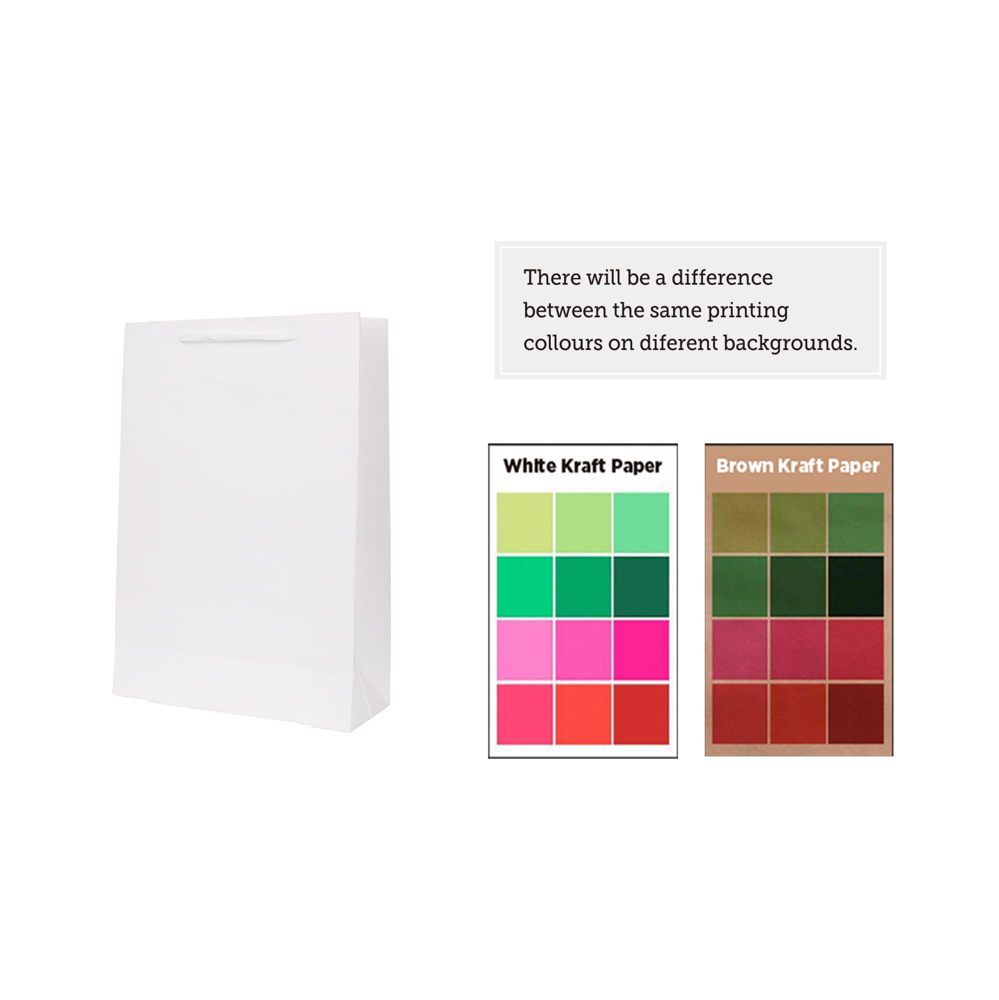 A small white vertical paper bag with a rope handle, featuring a logo and colour swatches for printing options.