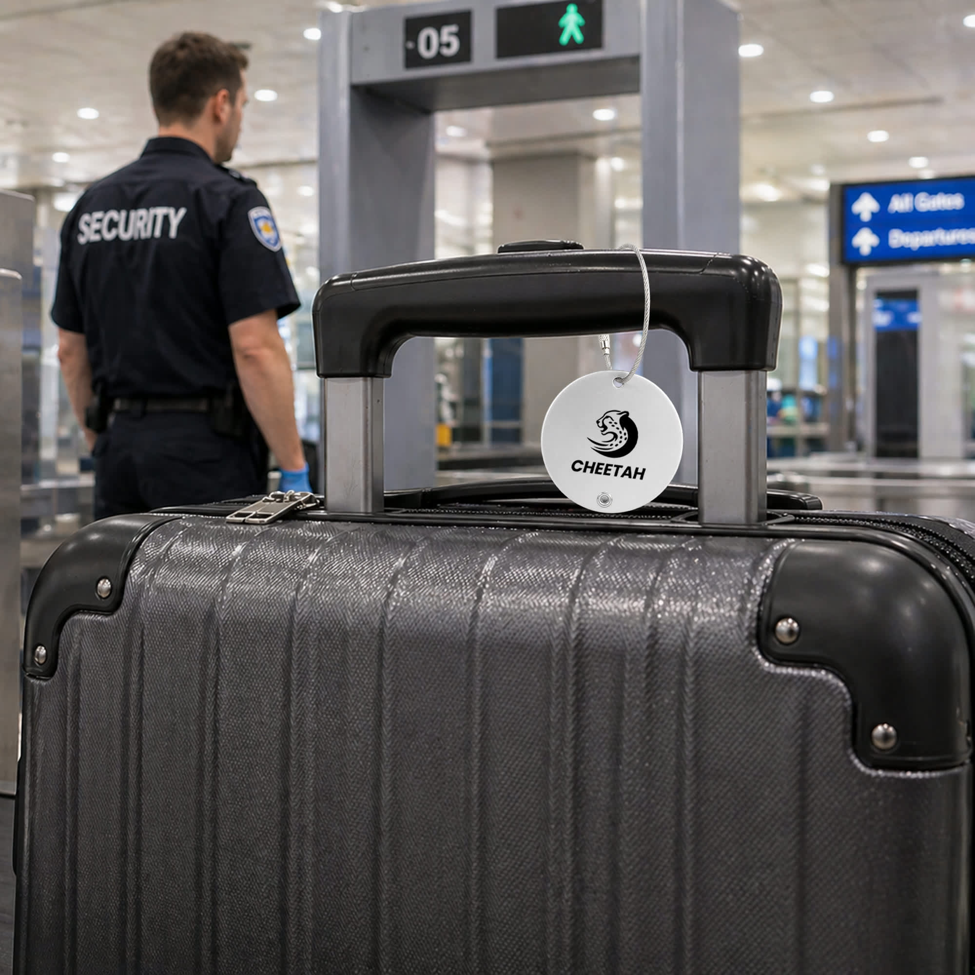 A round white luggage tag attached to a black suitcase at an airport security checkpoint, featuring a logo.