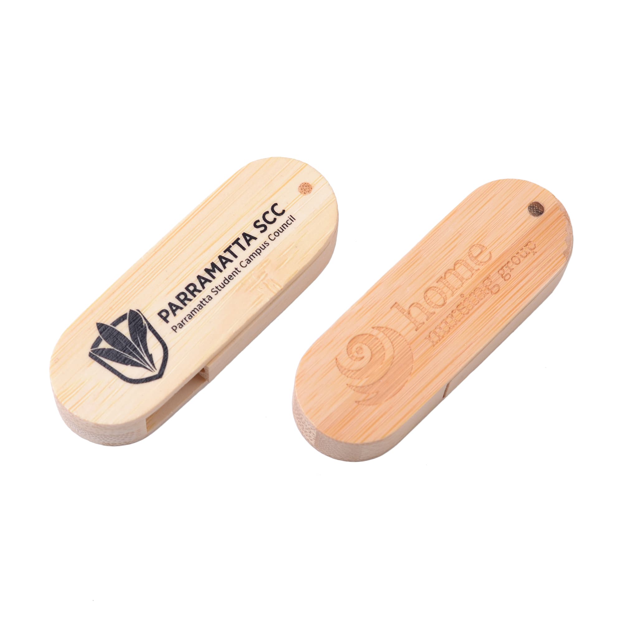 A swivel wooden flash drive featuring a natural finish with branding on both sides.