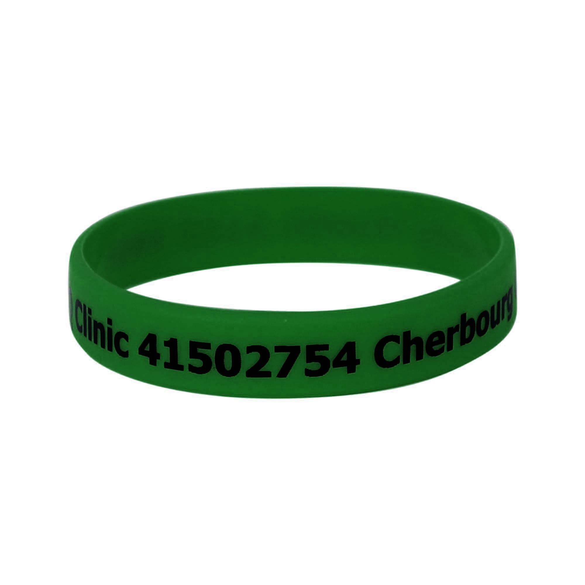 A green silicone wristband featuring a logo and printed text in black.