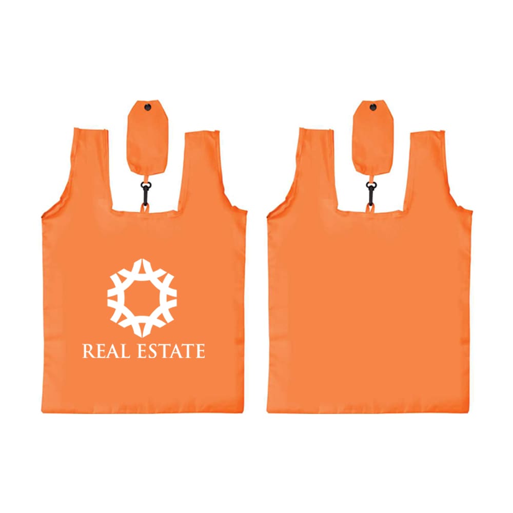 An orange foldable shopping tote bag with a logo, featuring a clip for compact storage.