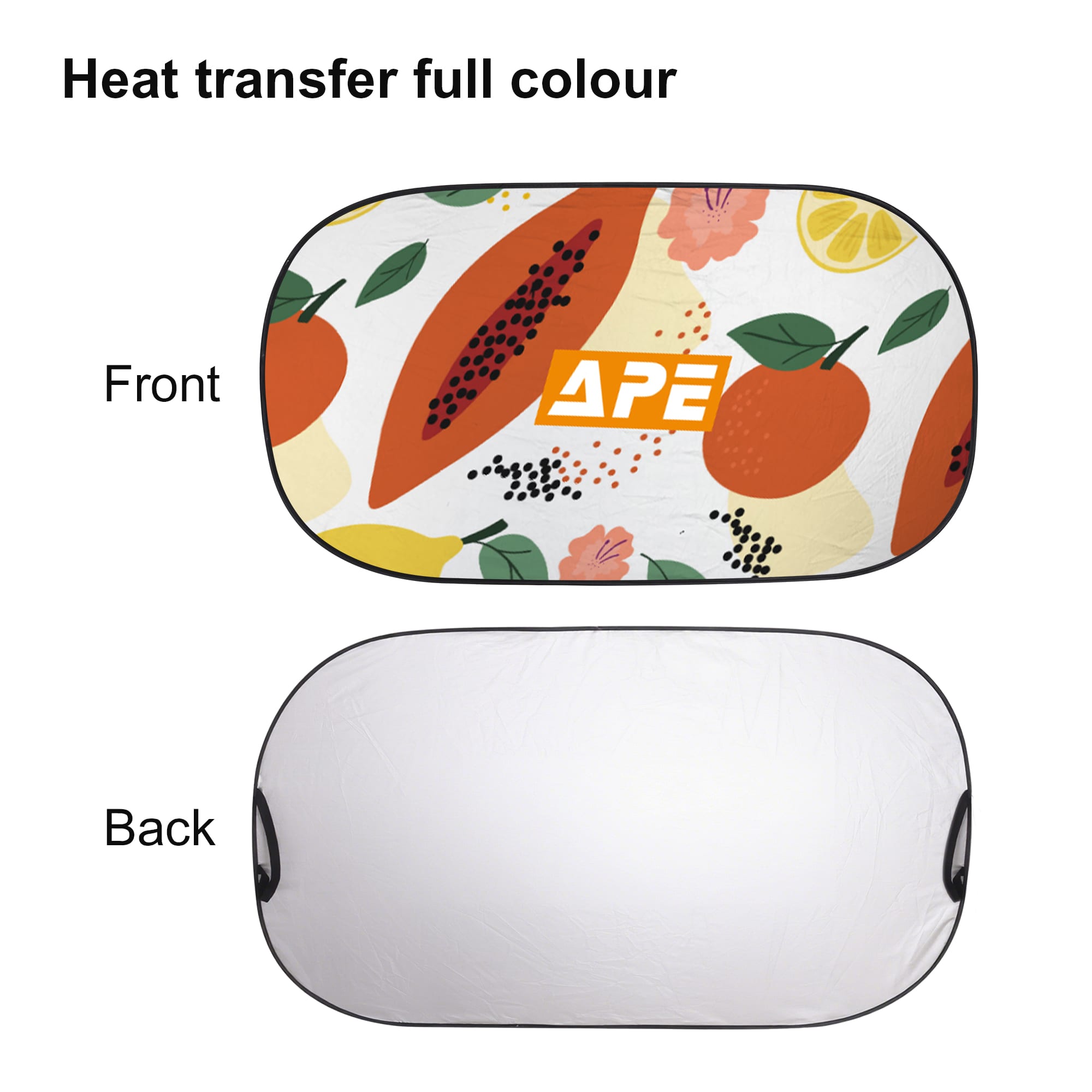 A colourful car shade featuring various fruits on the front and a plain white back, with a logo.