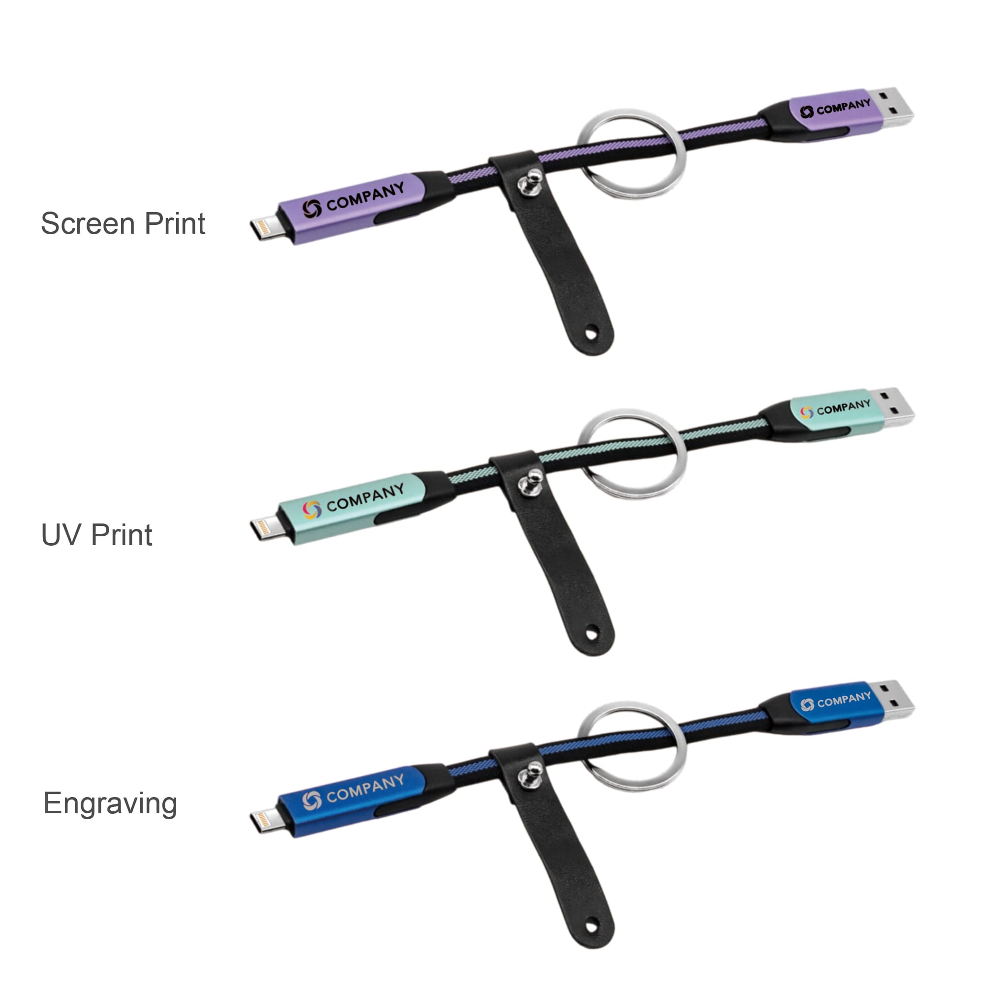 A braided charging cable in multiple colours, featuring a keyring attachment and various print options.