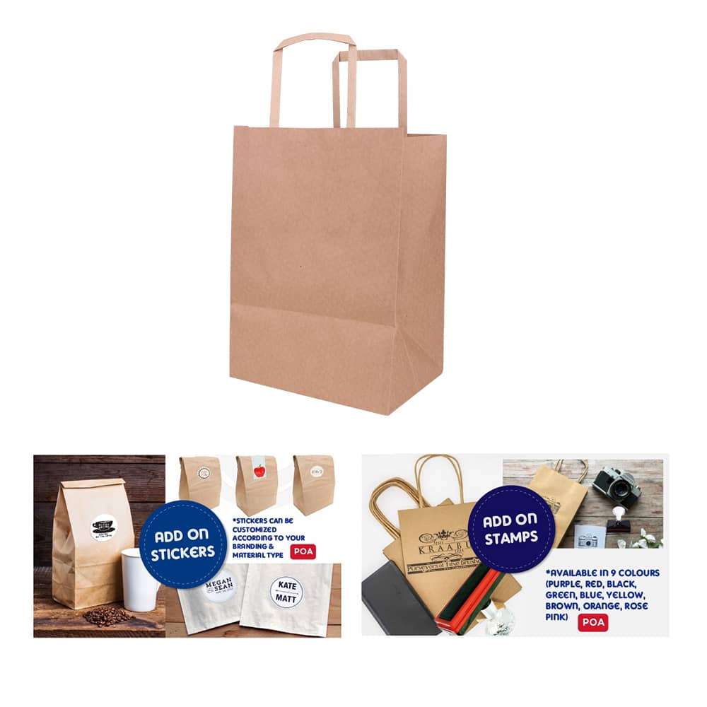A brown kraft paper bag with flat handles, featuring a logo on the front. Measures 175x240x110mm.