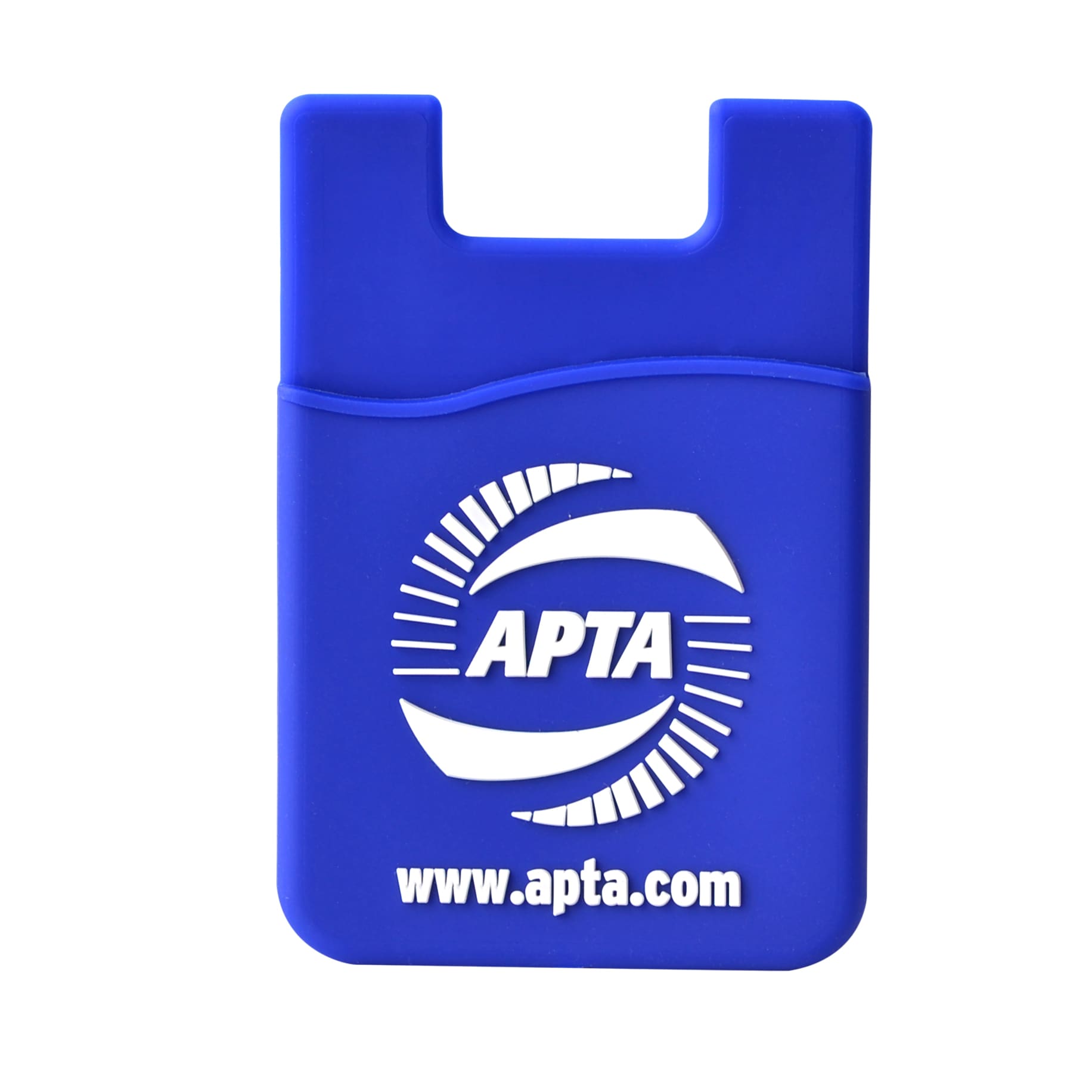 A blue moulded smart wallet featuring a wavy design and a logo. Ideal for storing cards or small items.