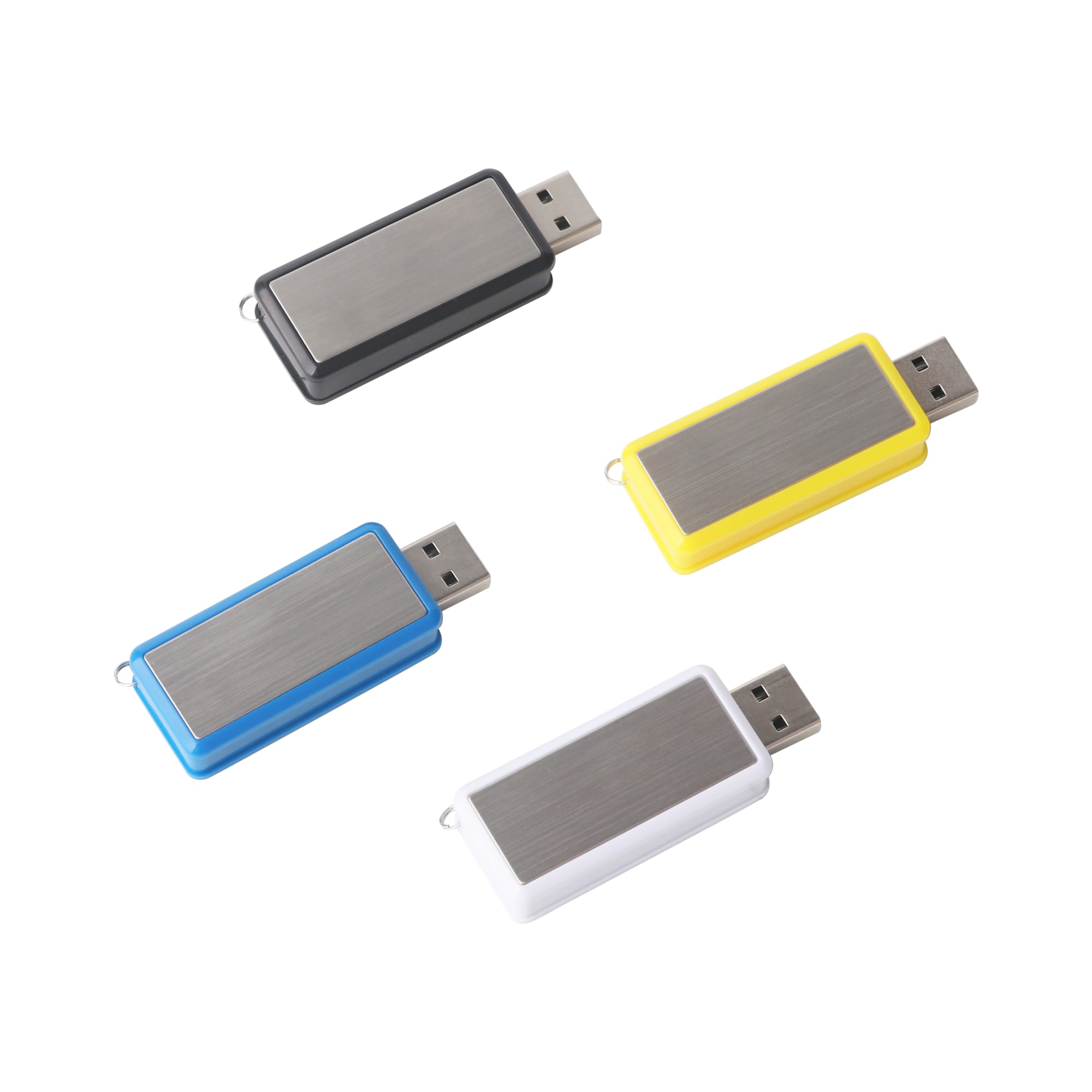A 360-degree rotating flash drive in black, blue, yellow, and white with a metallic surface and branding.