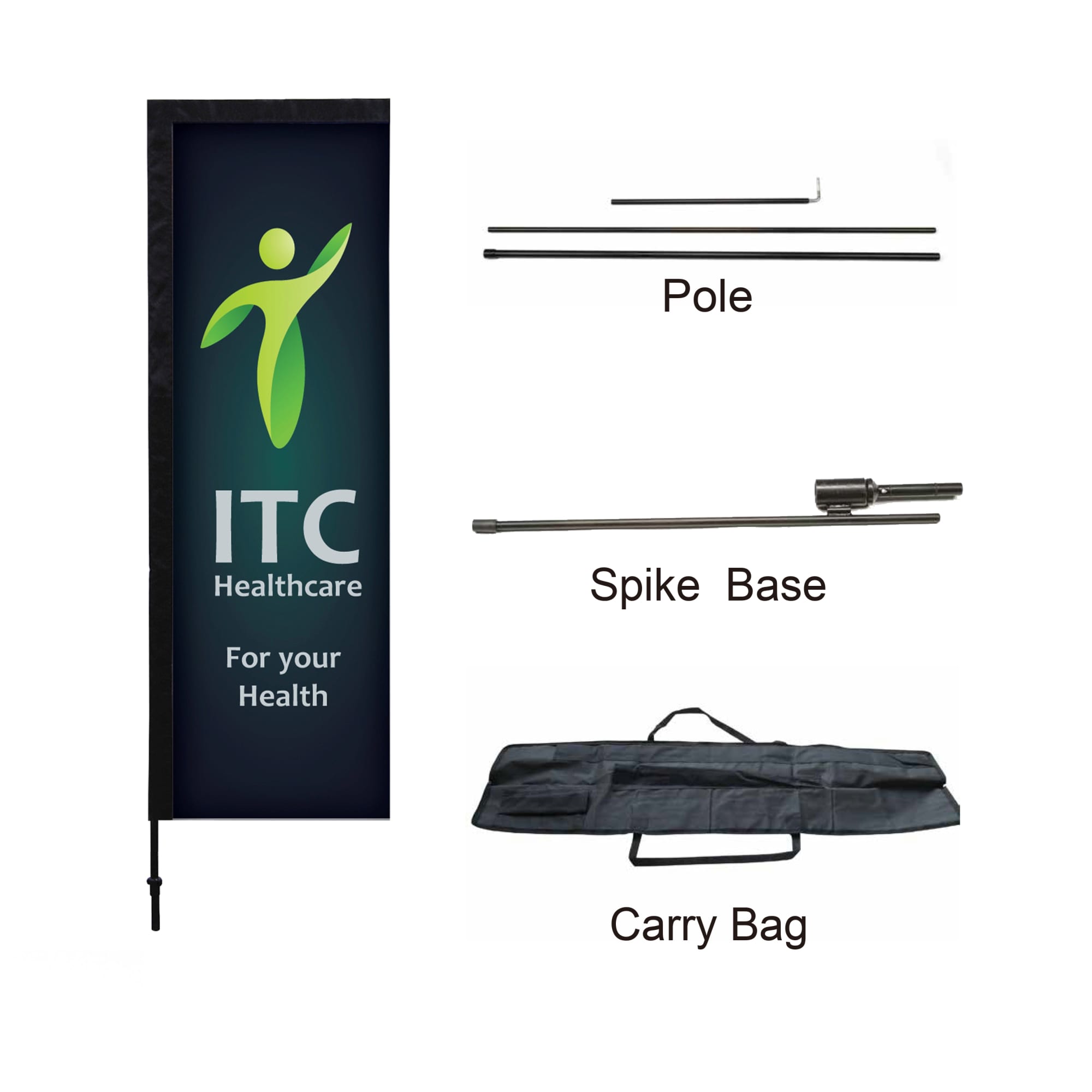A large rectangular banner in black with a green logo, accompanied by a pole, spike base, and carry bag.