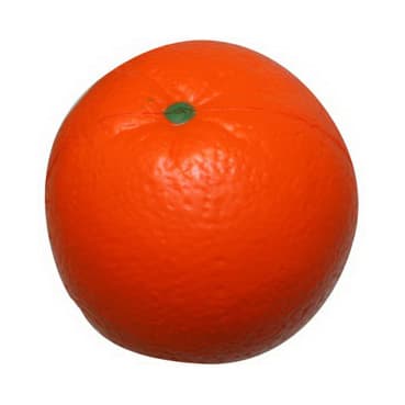 An orange stress reliever shaped like a fruit, featuring a textured surface and a small green stem.