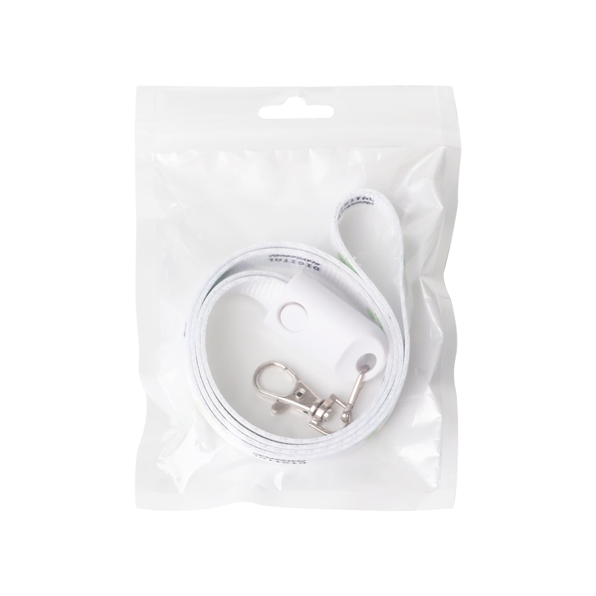 A white polyester lanyard charging cable packaged in a clear plastic bag with a silver clip and a logo.