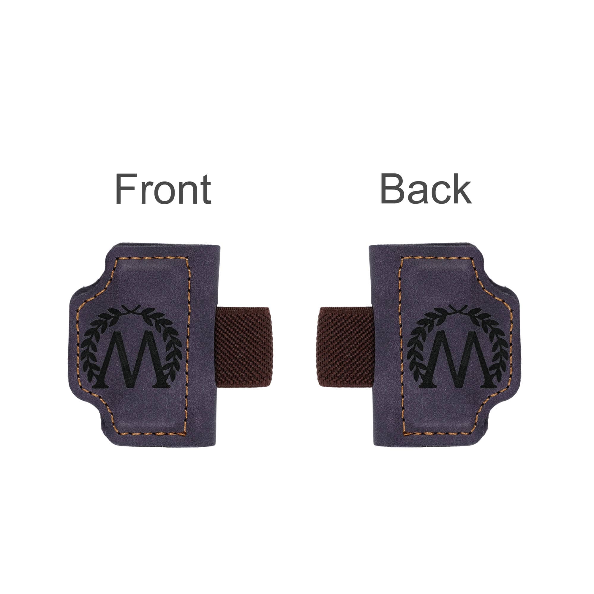 A magnetic bookmark in purple with a brown clip, displaying a logo on both the front and back.
