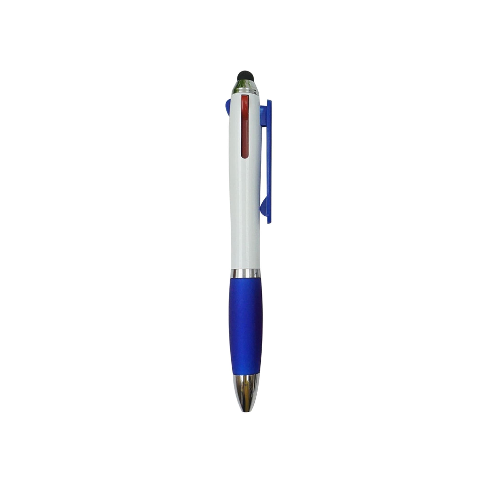 A three-colour ball pen with a white barrel, blue grip, and silver accents. Features a logo on the design.