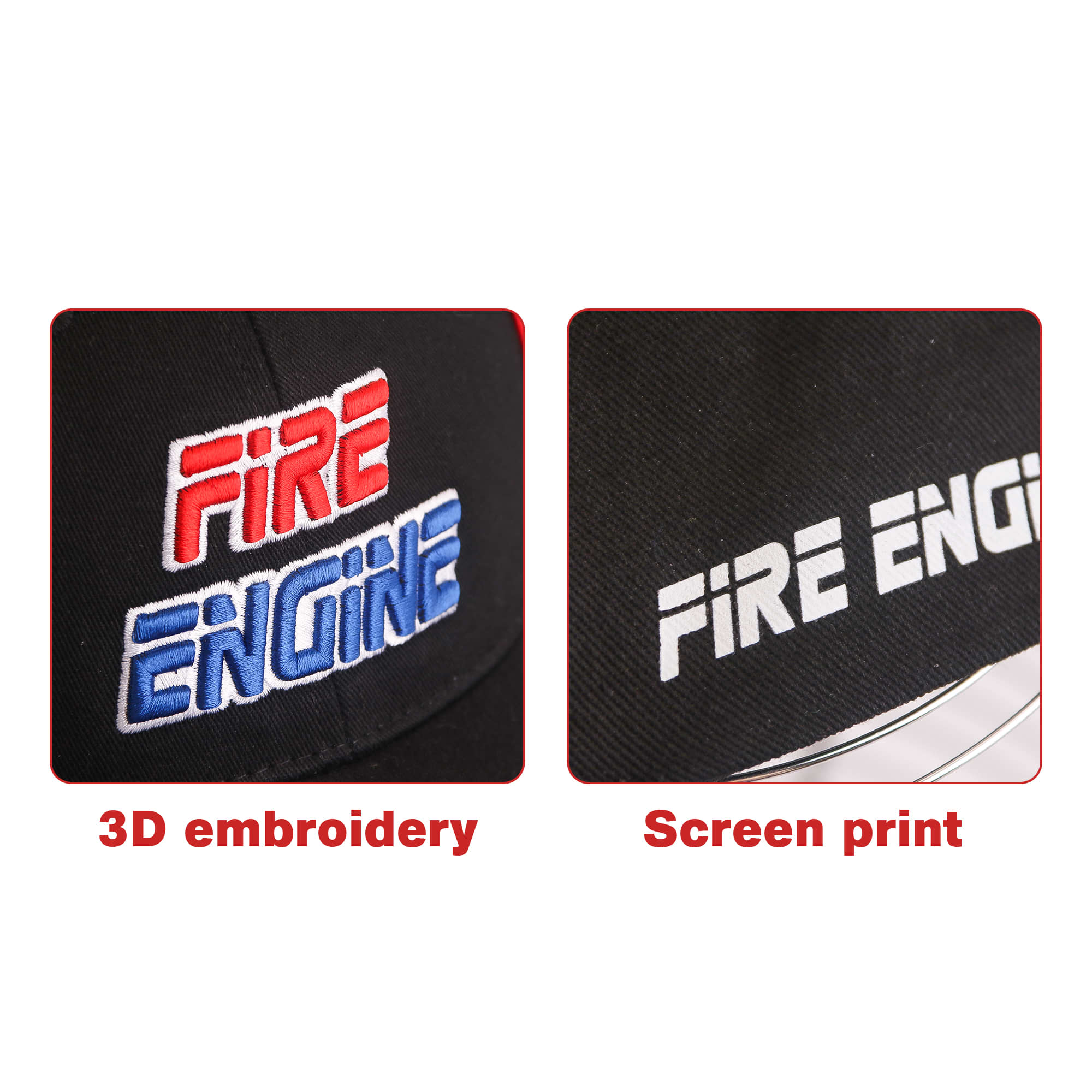 A black cap featuring 3D embroidery and screen print designs in red, blue, and white. It has a logo.