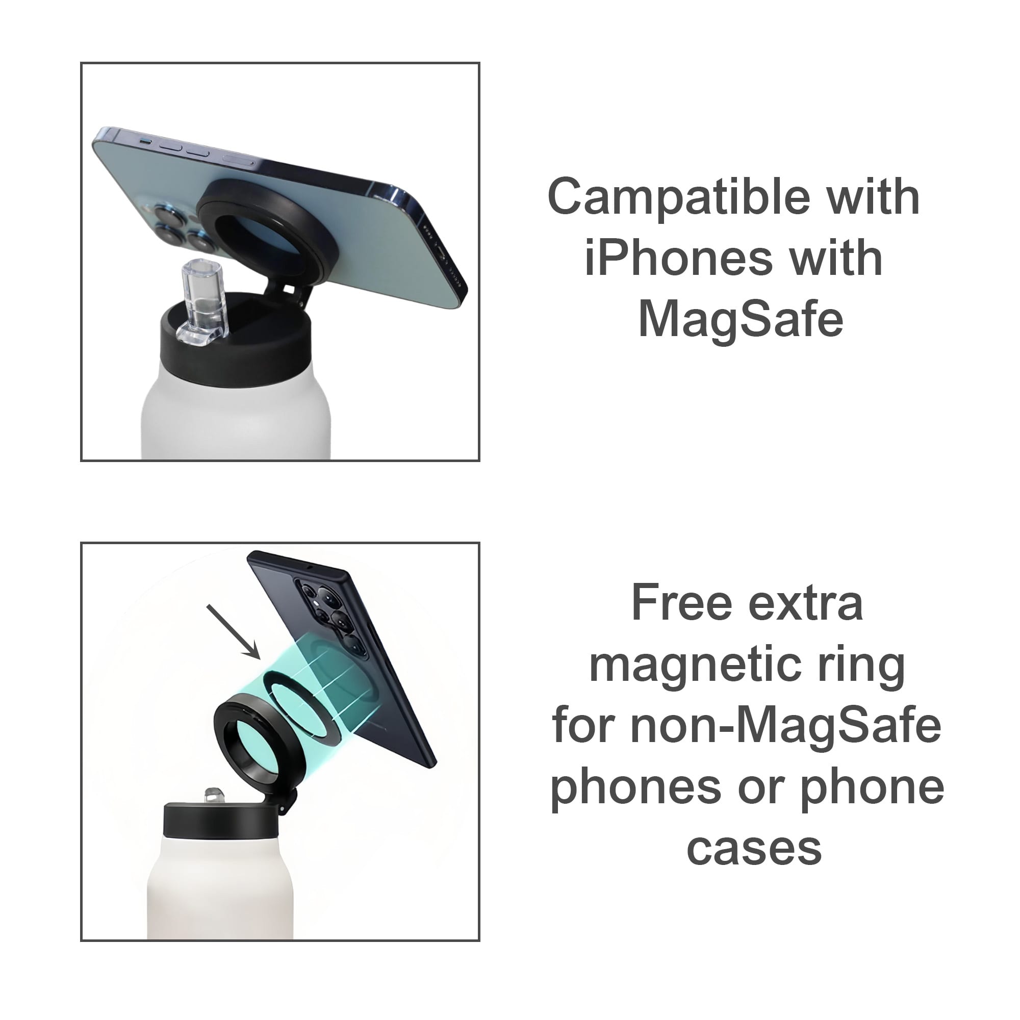 A drink bottle with a magnetic phone holder feature, designed in stainless steel, featuring a white finish.