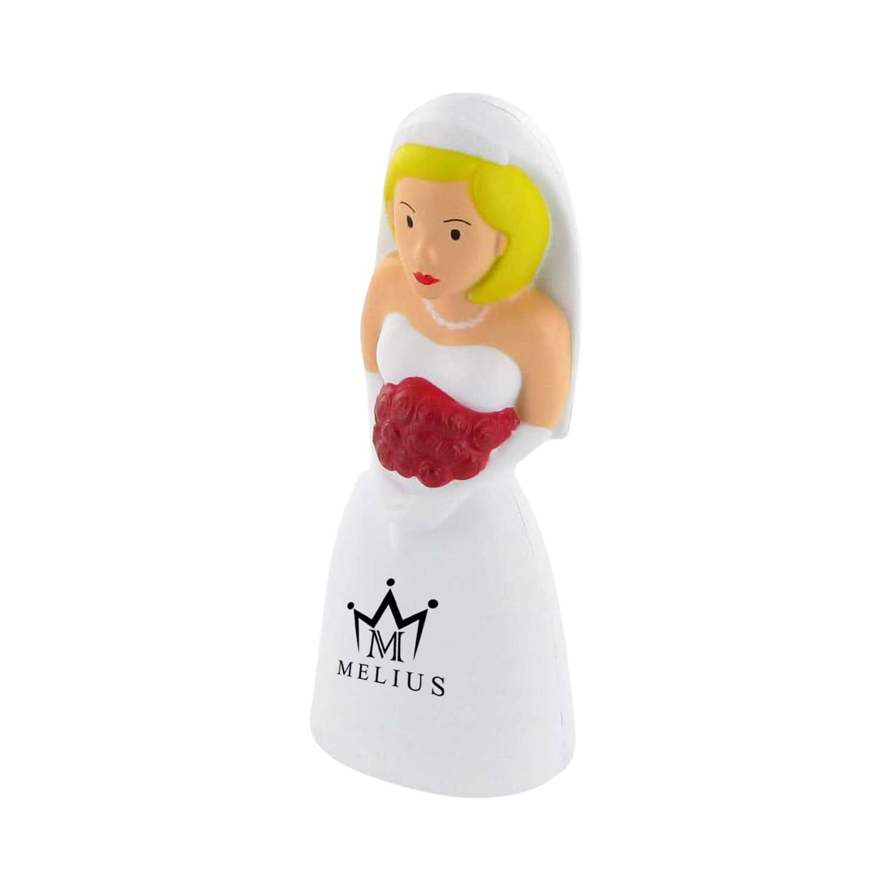 A white stress reliever shaped like a bride in a wedding dress, featuring a logo on the base.