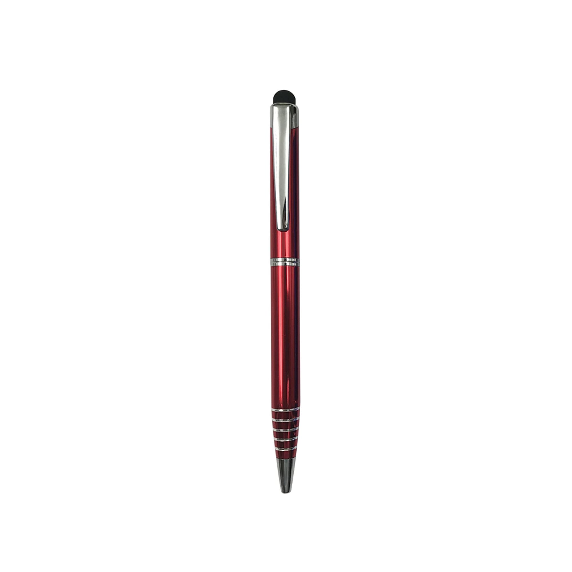 A red aluminum ball pen with a shiny silver clip and a black stylus tip, featuring subtle textured banding.