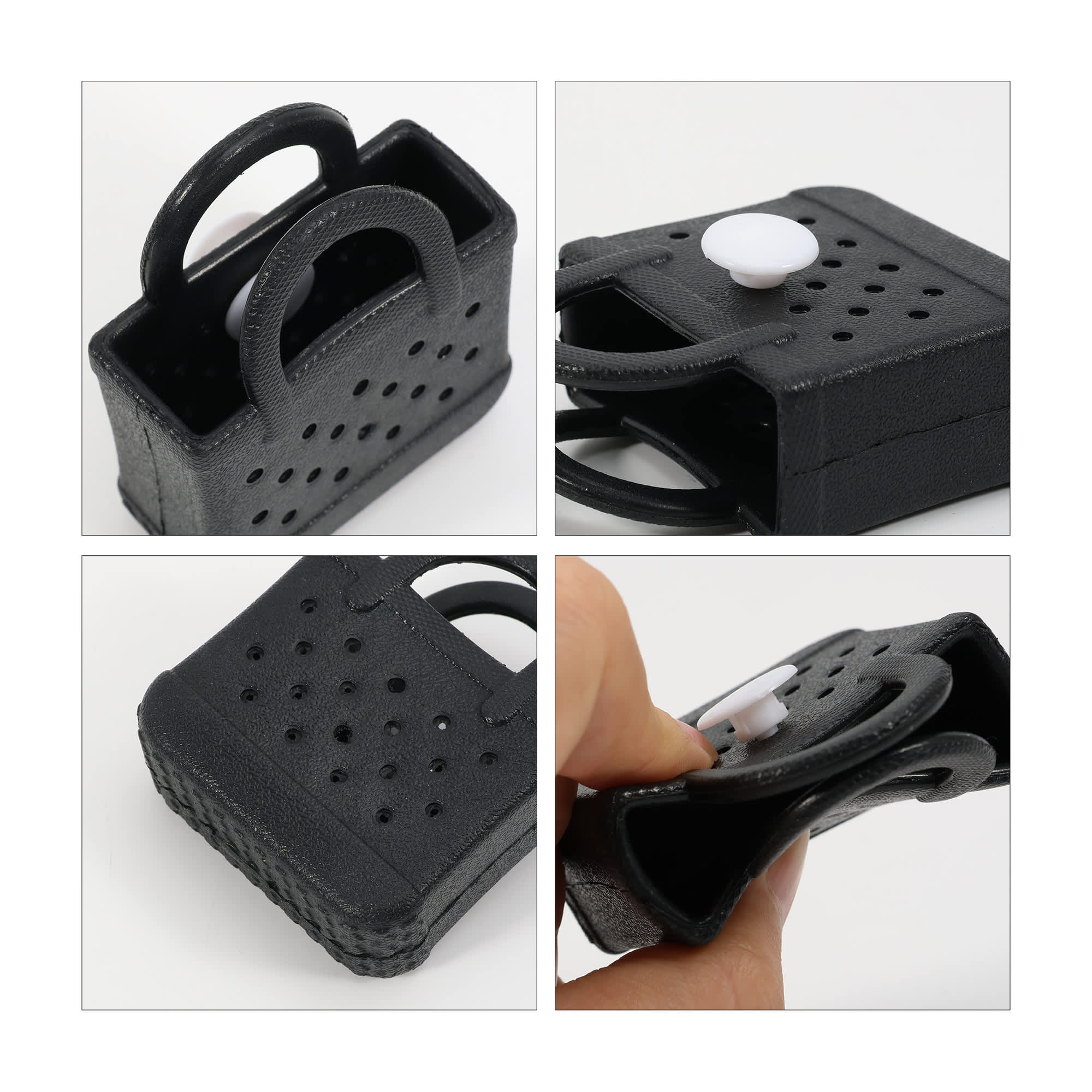 Mini EVA holes bag charms in black, featuring a small handle and perforated design, with a button closure on top.