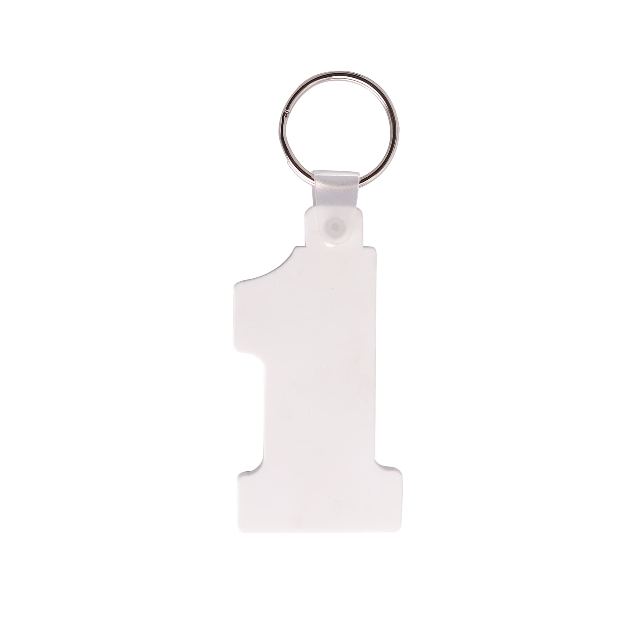 A white keyring shaped like the number one, complete with a metal keyring attachment.