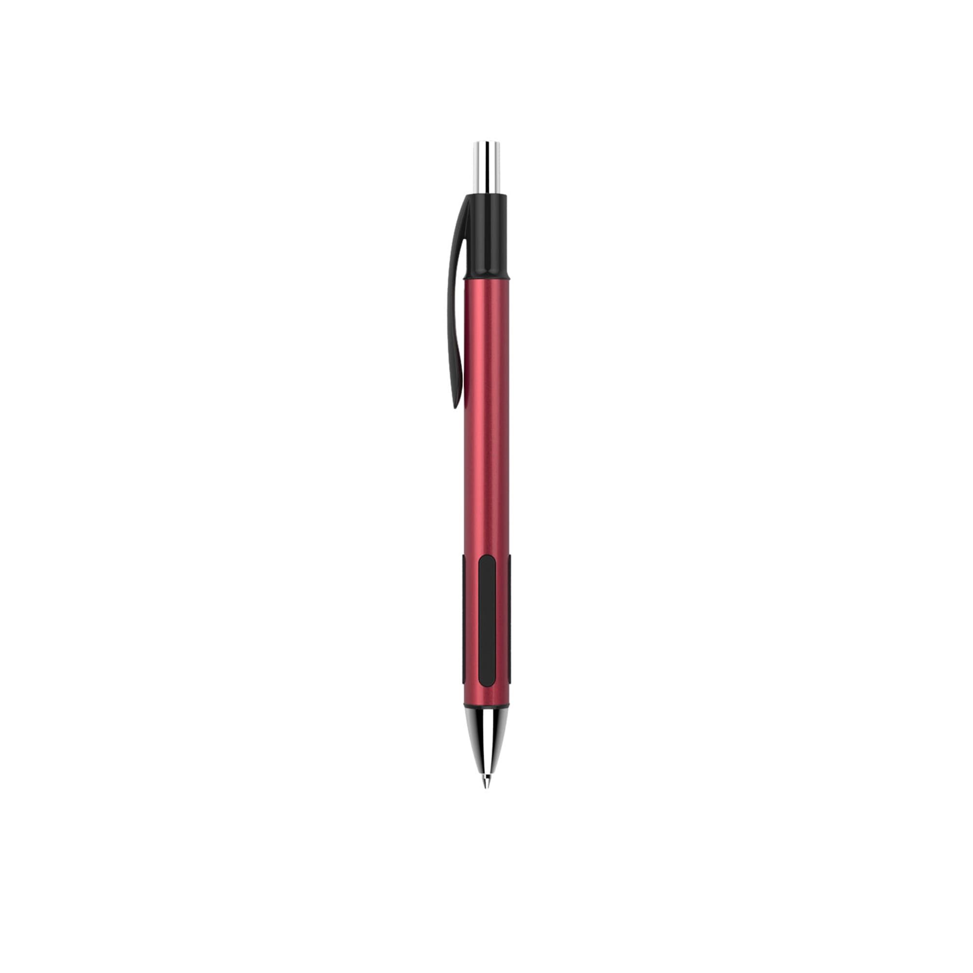 A plastic pen in a vibrant red colour with a black grip and clip, featuring a logo on the body.